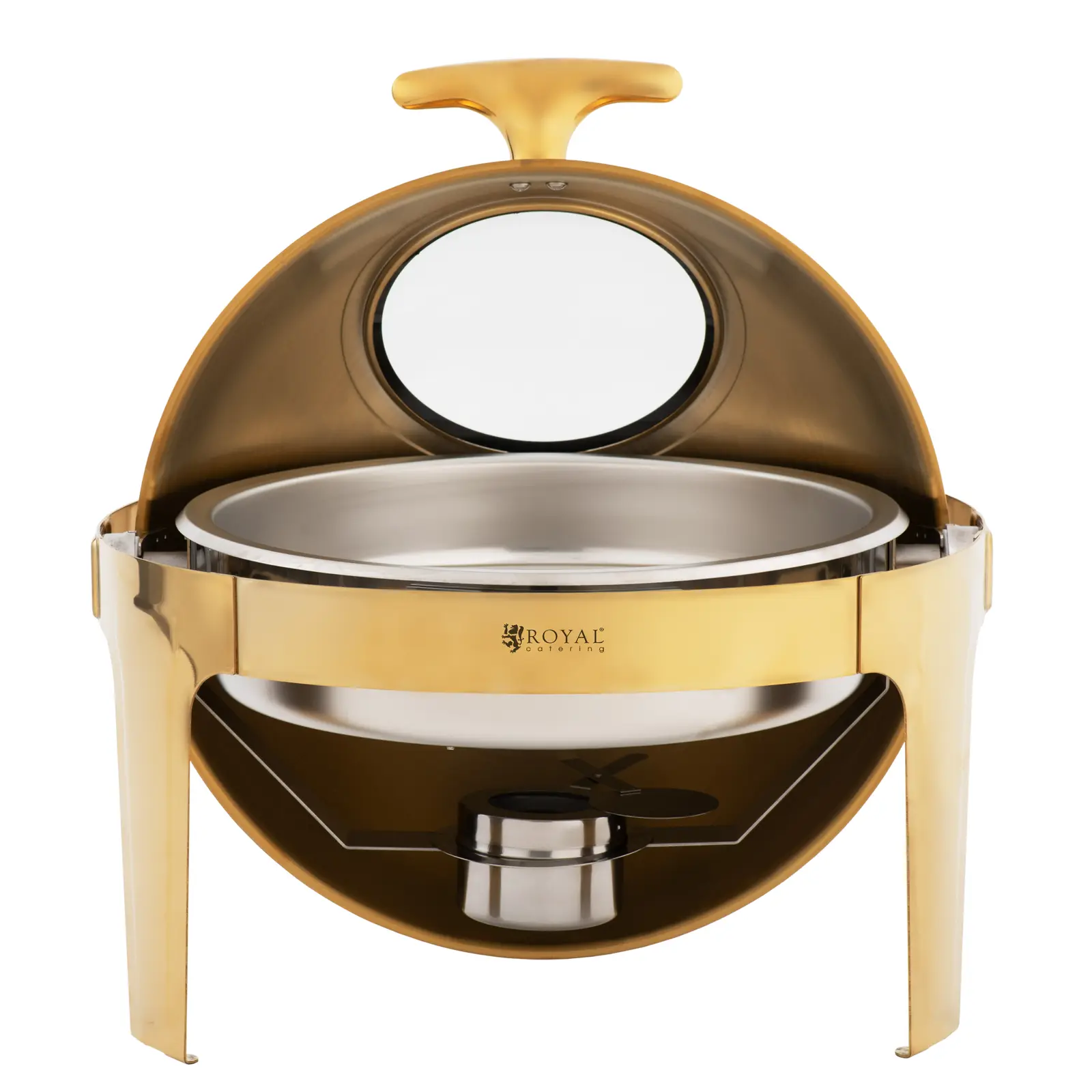 Chafing dish - kulatý s průzorem - 6 l - 1 nádoba na palivo - zlatý - Royal Catering (Zásobník na vodu: Ano)
