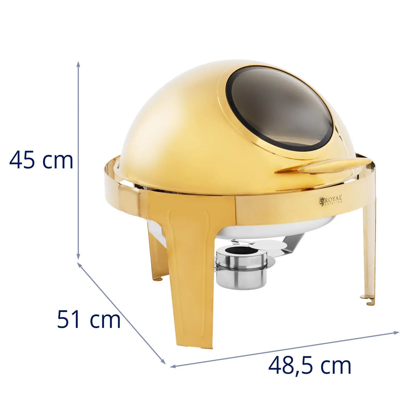 Chafing dish - kulatý s průzorem - 6 l - 1 nádoba na palivo - zlatý - Royal Catering (Úchyt, který se nezahřívá (Cool Touch): Ano)