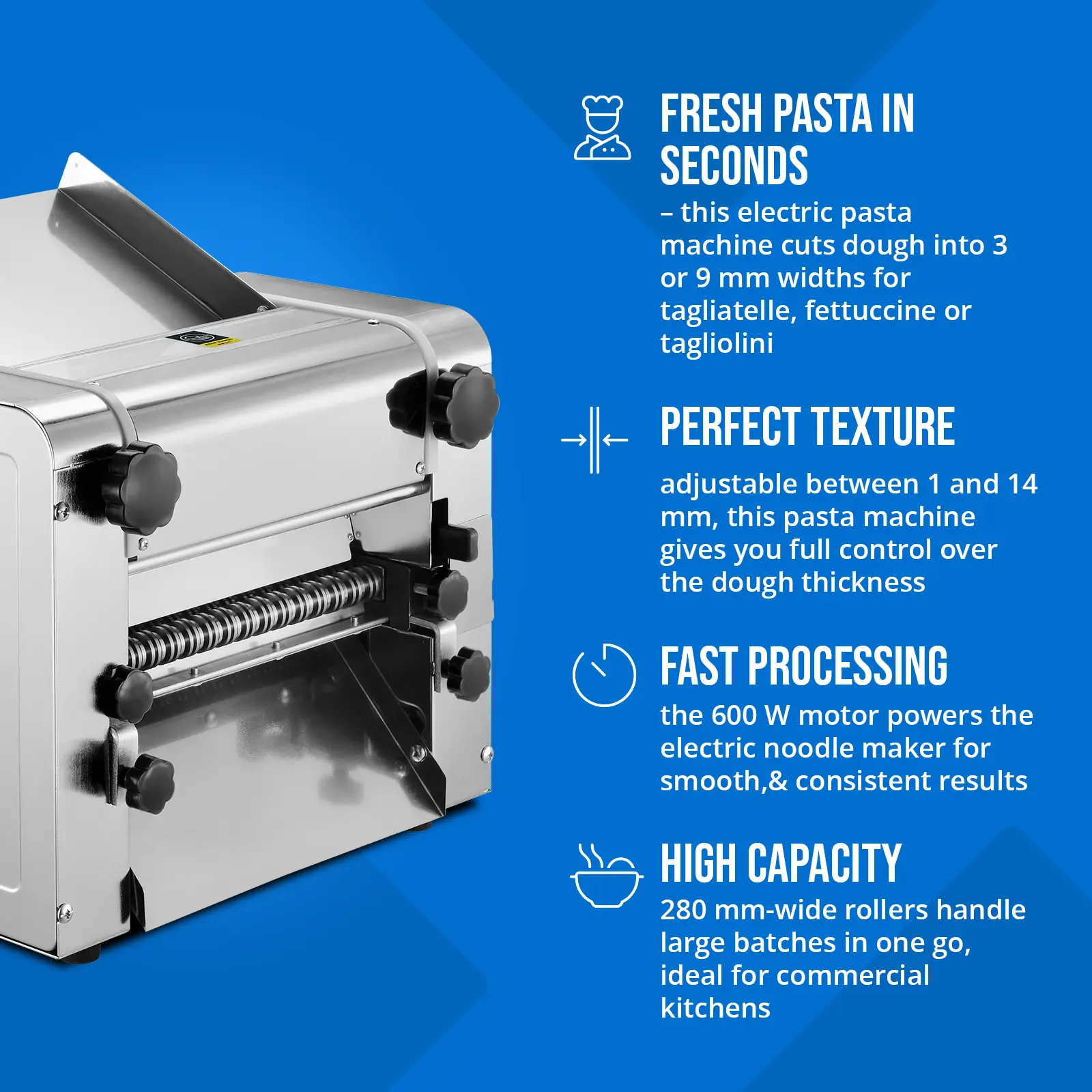 Mașină electrică pentru paste - 28 cm - grosime aluat de 1 până la 14 mm - Royal Catering (Distilator de alcool: Nu)