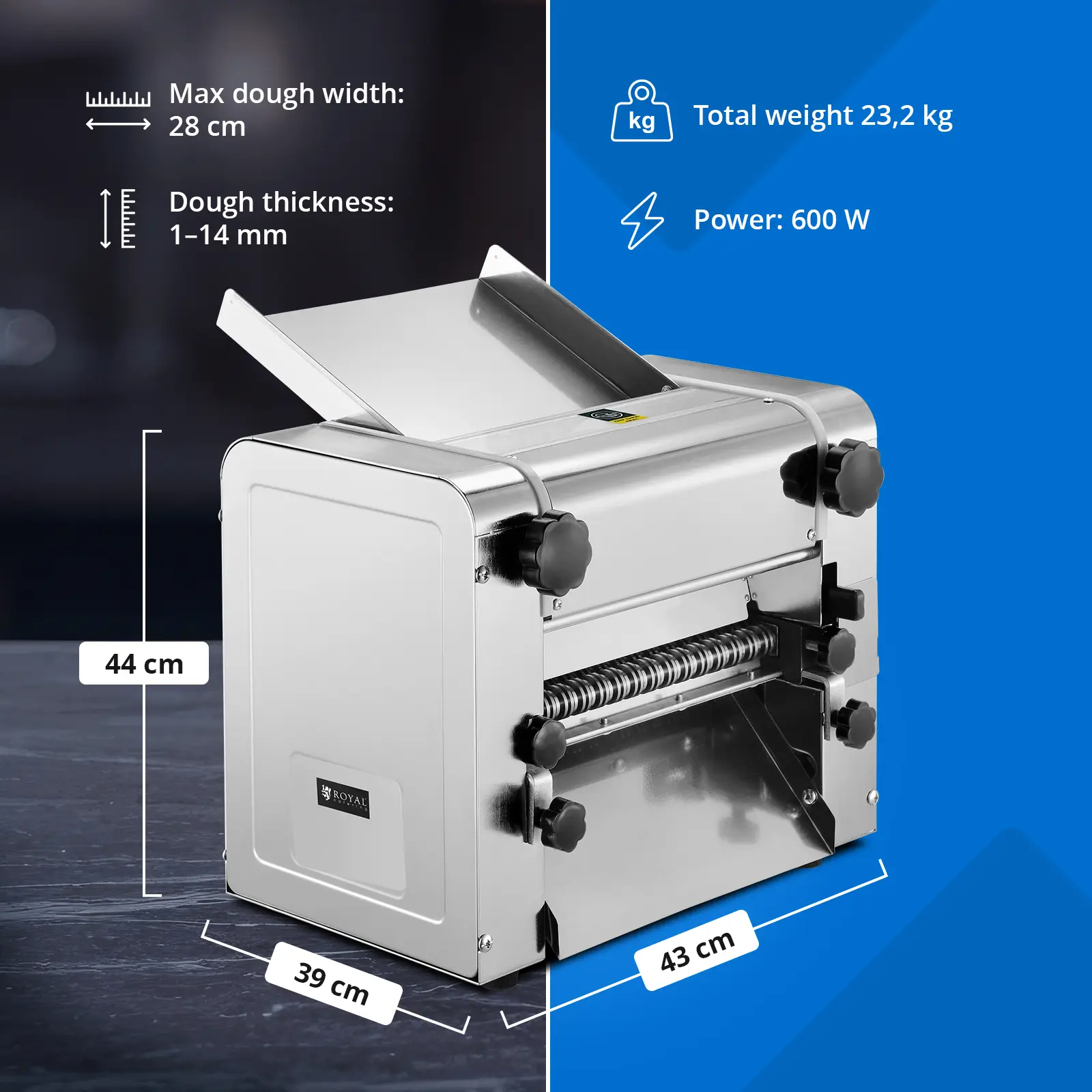 Mașină electrică pentru paste - 28 cm - grosime aluat de 1 până la 14 mm - Royal Catering (Grosimea lamei: 9 mm)