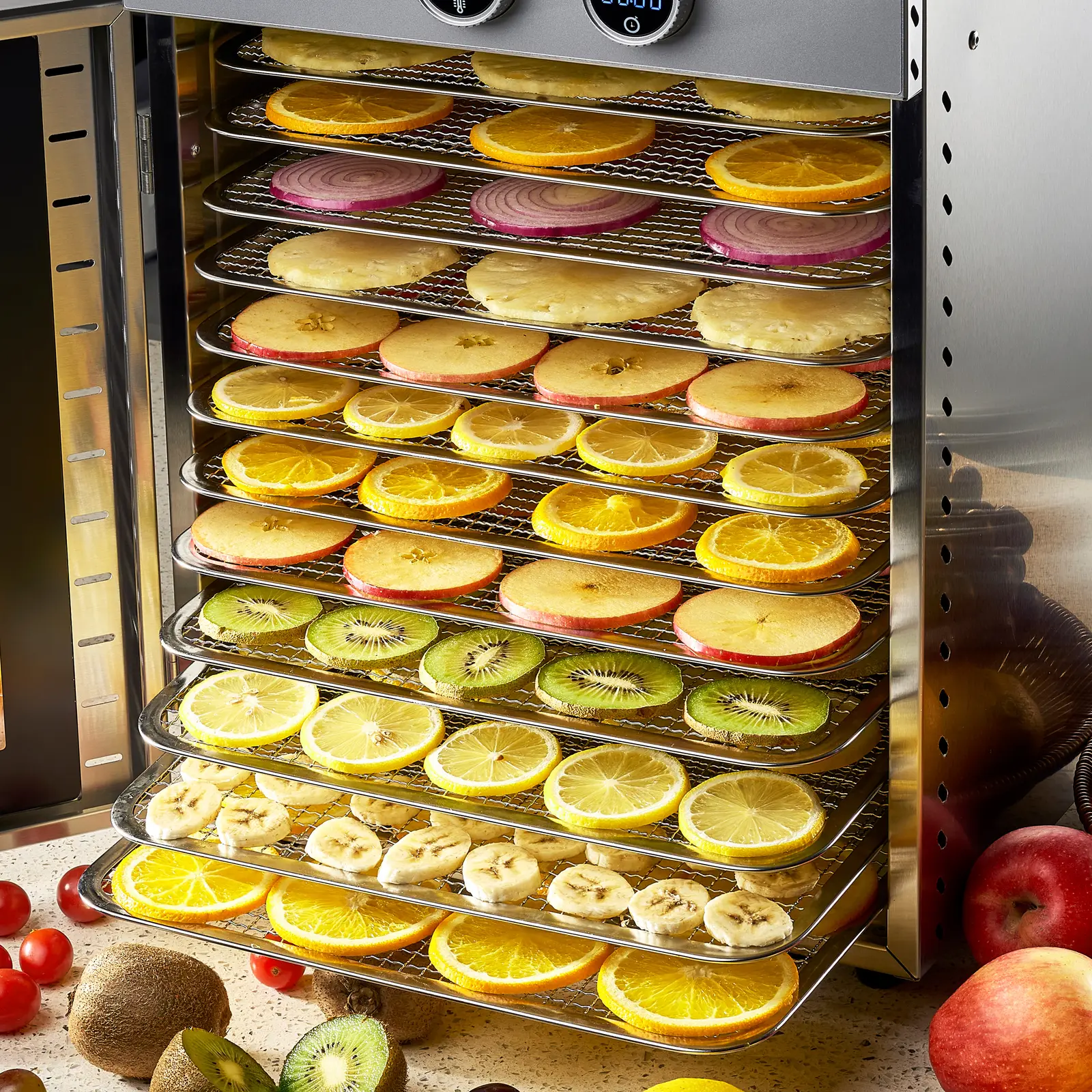 Дехидратор за храна - 1000 W - 12 рафта - 40 л - Royal Catering (Цвят: Метално сребристо)