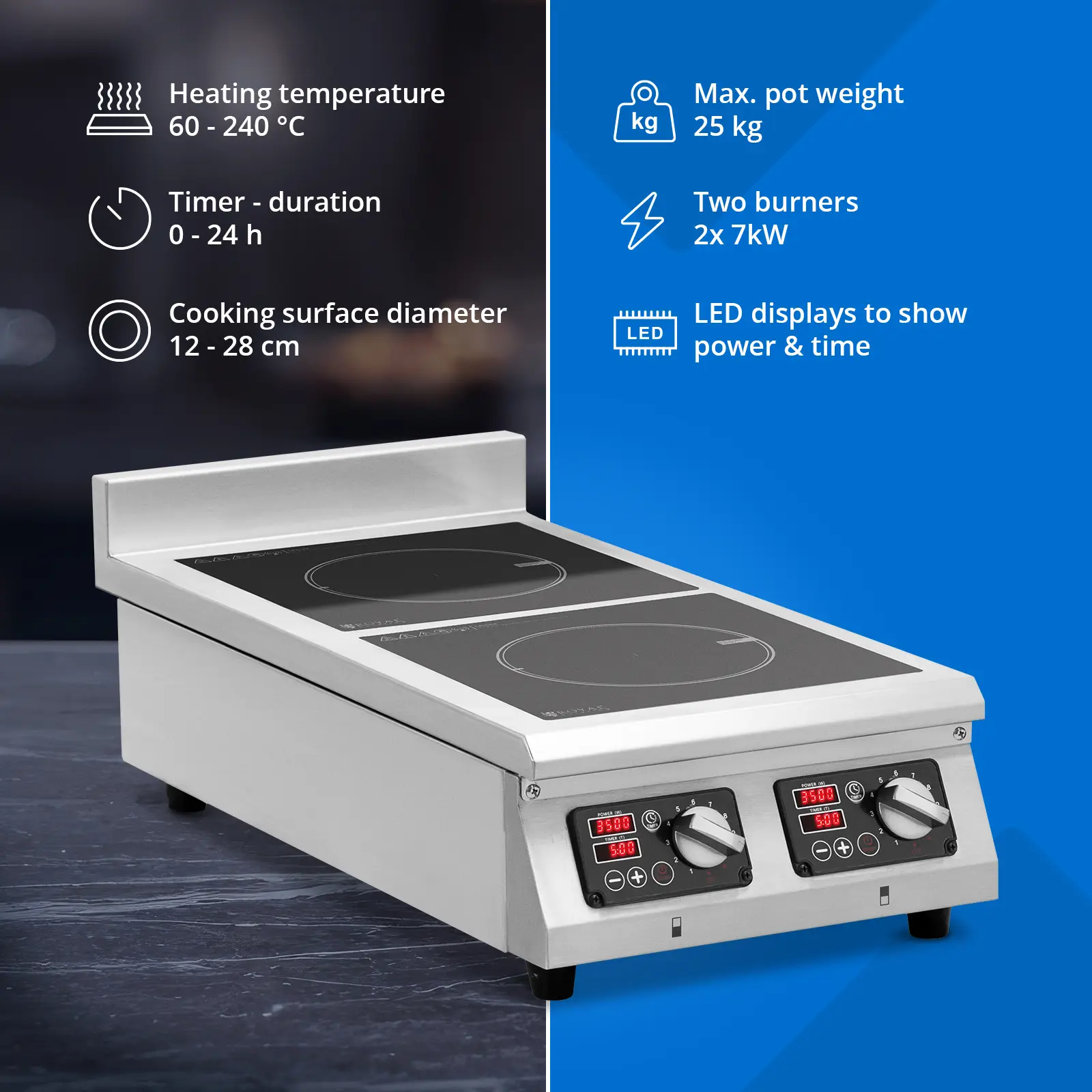 Plaque à induction - 2 x 28 cm - 60 à 240 °C - 400 V - Minuterie - Royal Catering (Cordon(s) d'alimentation: 1.5 m)