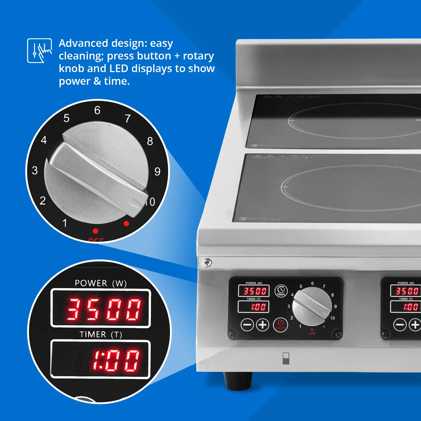 Plaque à induction - 2 x 28 cm - 60 à 240 °C - 400 V - Minuterie - Royal Catering (Fréquence [Hz]: 50)