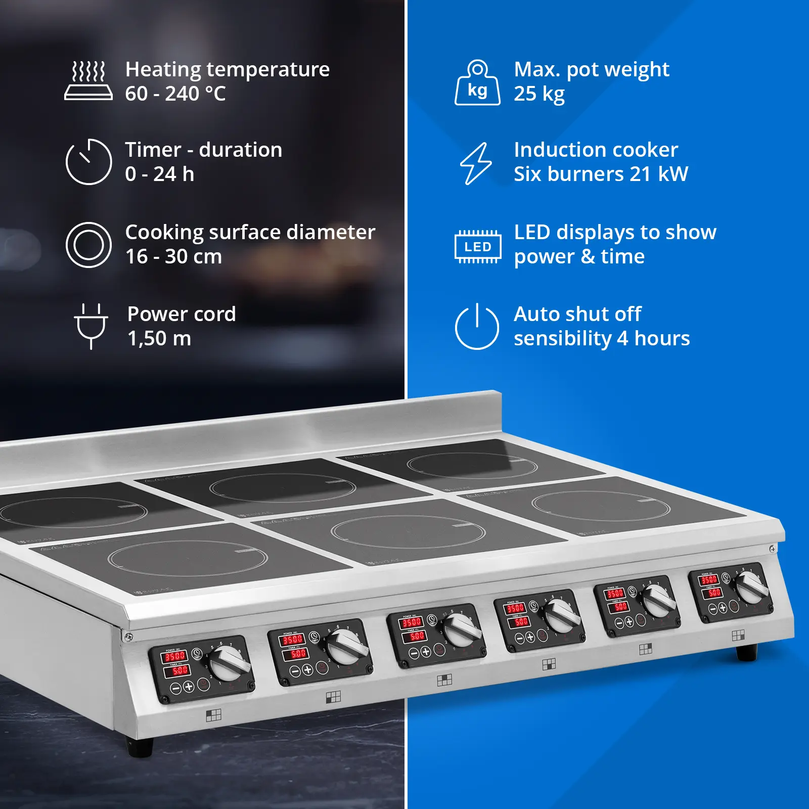 Plaque à induction - 6 x 28 cm - 60 à 240 °C - 400 V - Minuterie - Royal Catering (Cordon(s) d'alimentation: 1.5 m)