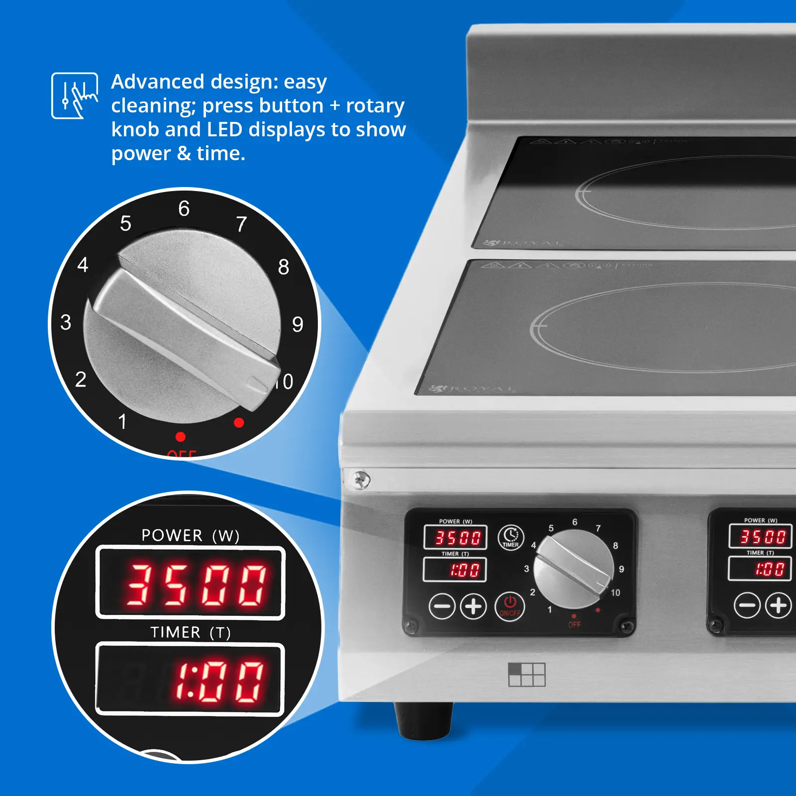 Plaque à induction - 6 x 28 cm - 60 à 240 °C - 400 V - Minuterie - Royal Catering (Fréquence [Hz]: 50)