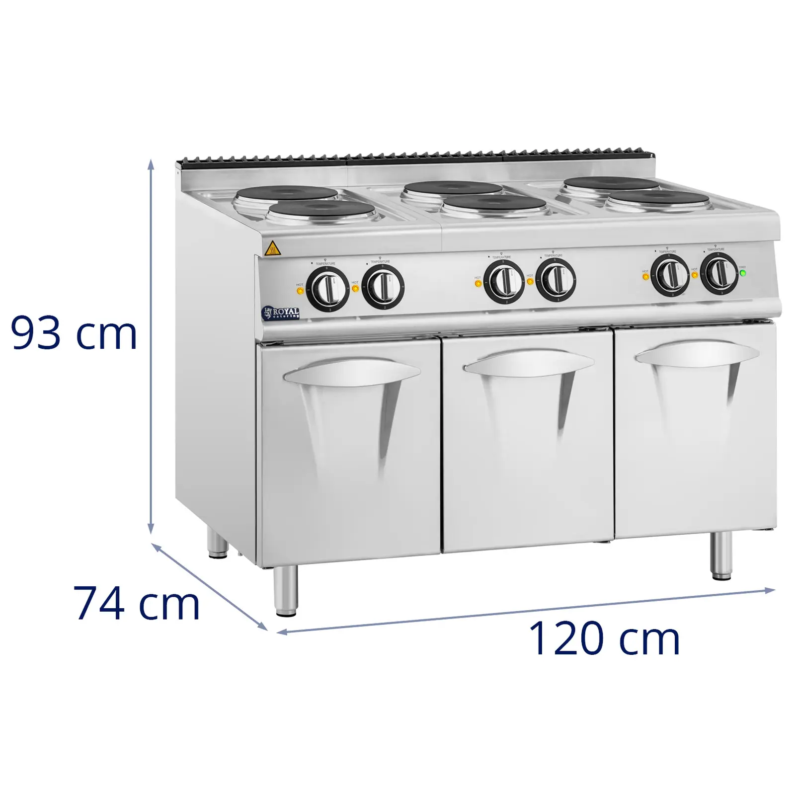 Cuisinière électrique professionnelle - 15,6 kW - 6 plaques - Armoire intégrée - Royal Catering (Couleur(s): Argent métallisé)