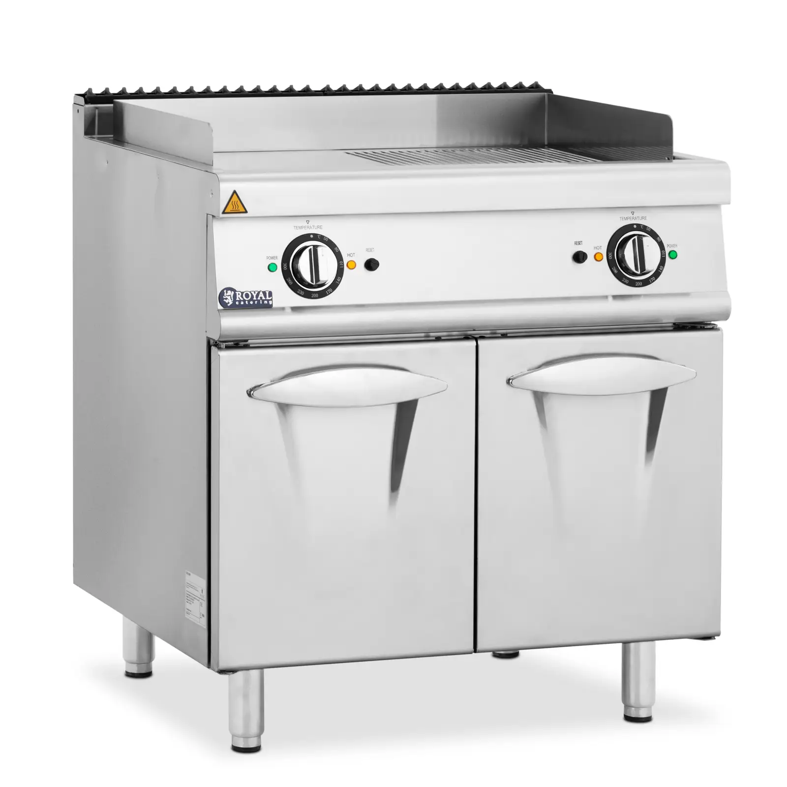 Fry top elettrico doppio - 10,8 kW - Liscio e rigato - Mobiletto - Royal Catering