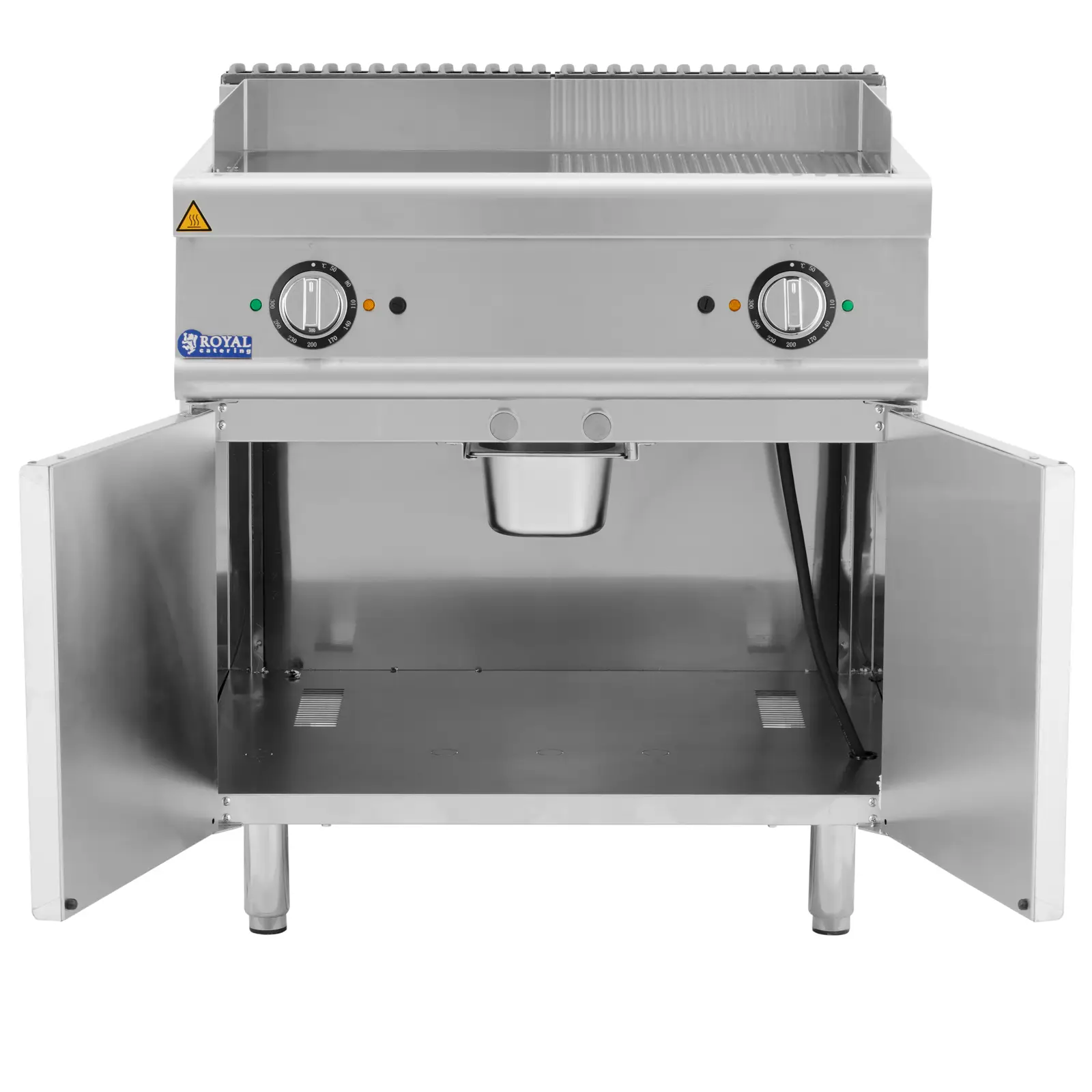 Dvojitá elektrická grilovací deska - 10,8 kW - hladká a žebrovaná - podstavná skříň - Royal Catering (Materiál: Ušlechtilá ocel)