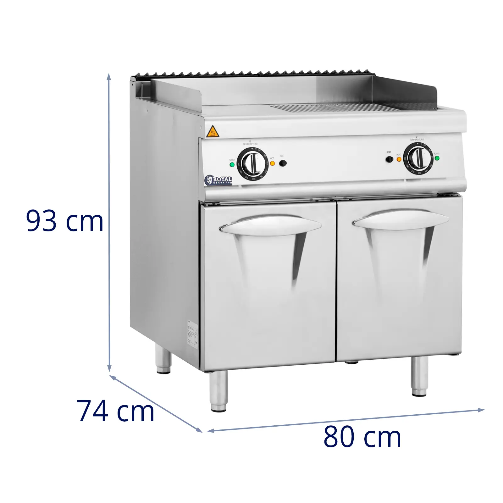 Dvojitá elektrická grilovací deska - 10,8 kW - hladká a žebrovaná - podstavná skříň - Royal Catering (Barva: Stříbrná metalíza)