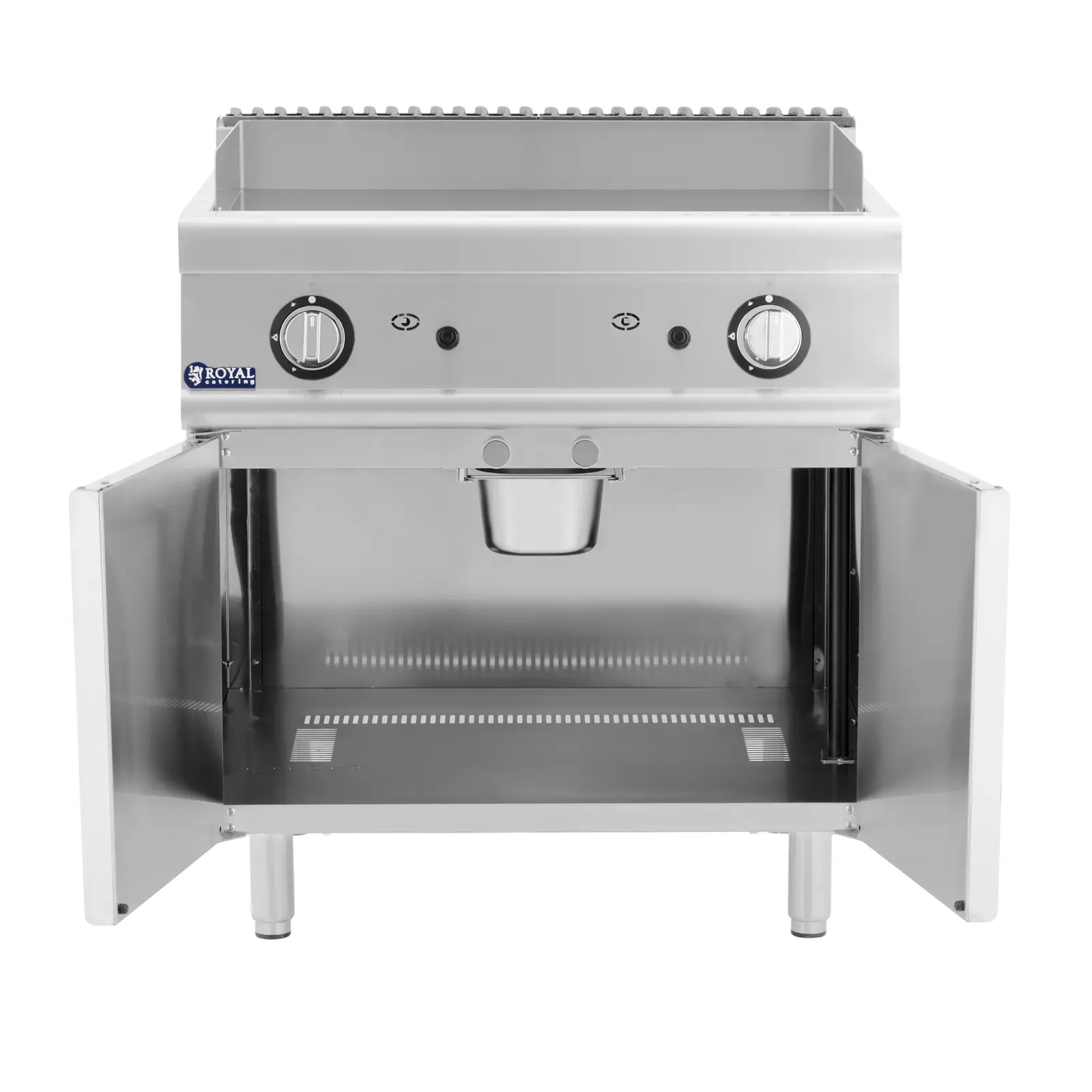 Plancha à Gaz Professionnelle 12 KW Royal Catering - Surface Rainurée, Armoire Intégrée, Inox - Pour Restauration