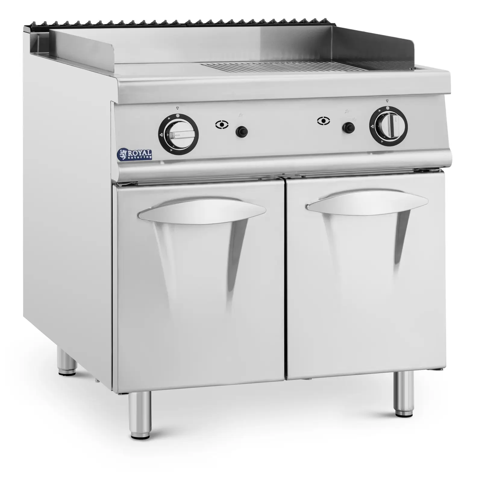 Fry top a gas - 12 kW - Liscio, rigato - 50 - 300 °C - Propano, GPL, gas naturale - Mobiletto - Royal Catering