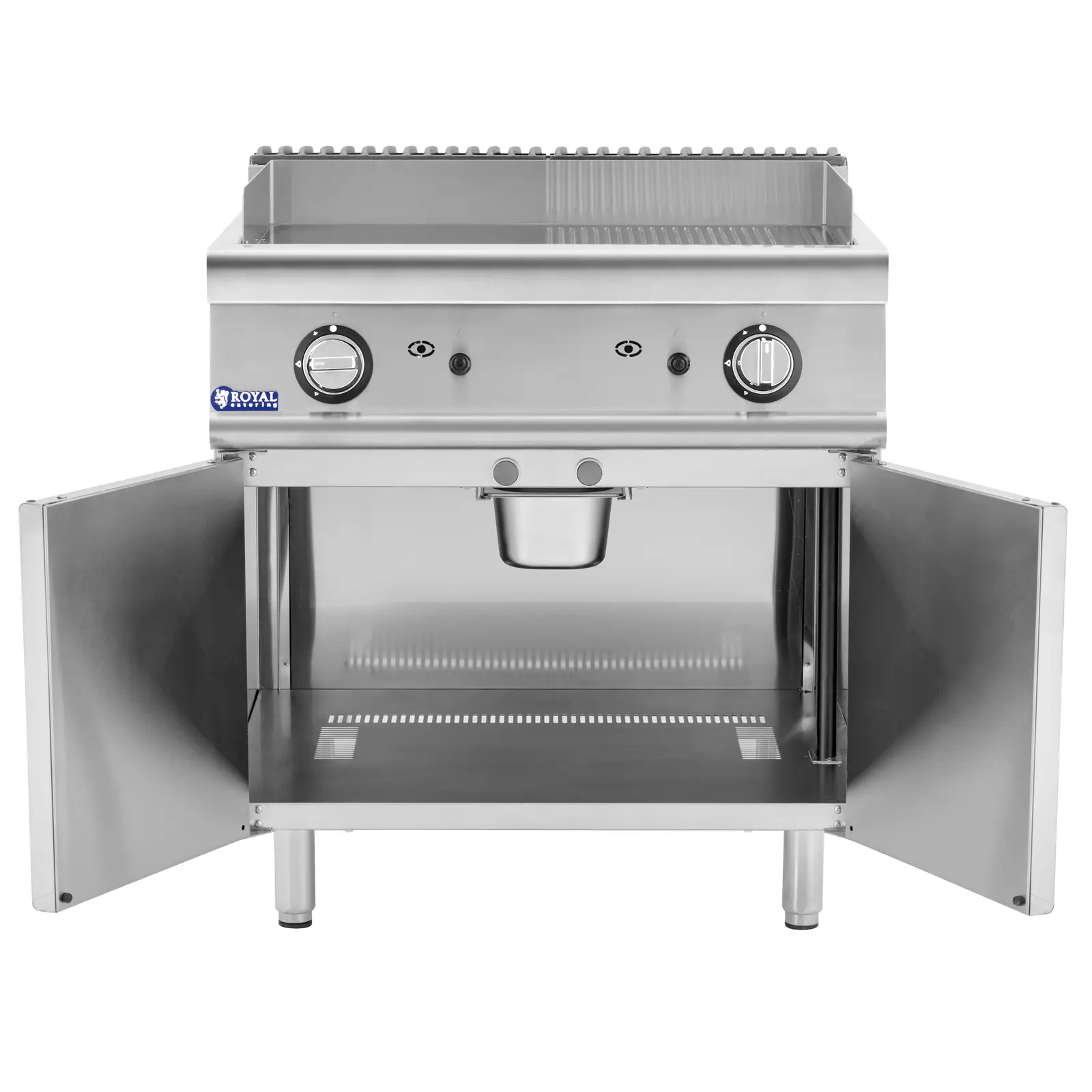 Stekeplate gass - 12 kW - glatt / ribbet - 50 - 300 °C - propan / LPG / naturgass - underskap - Royal Catering