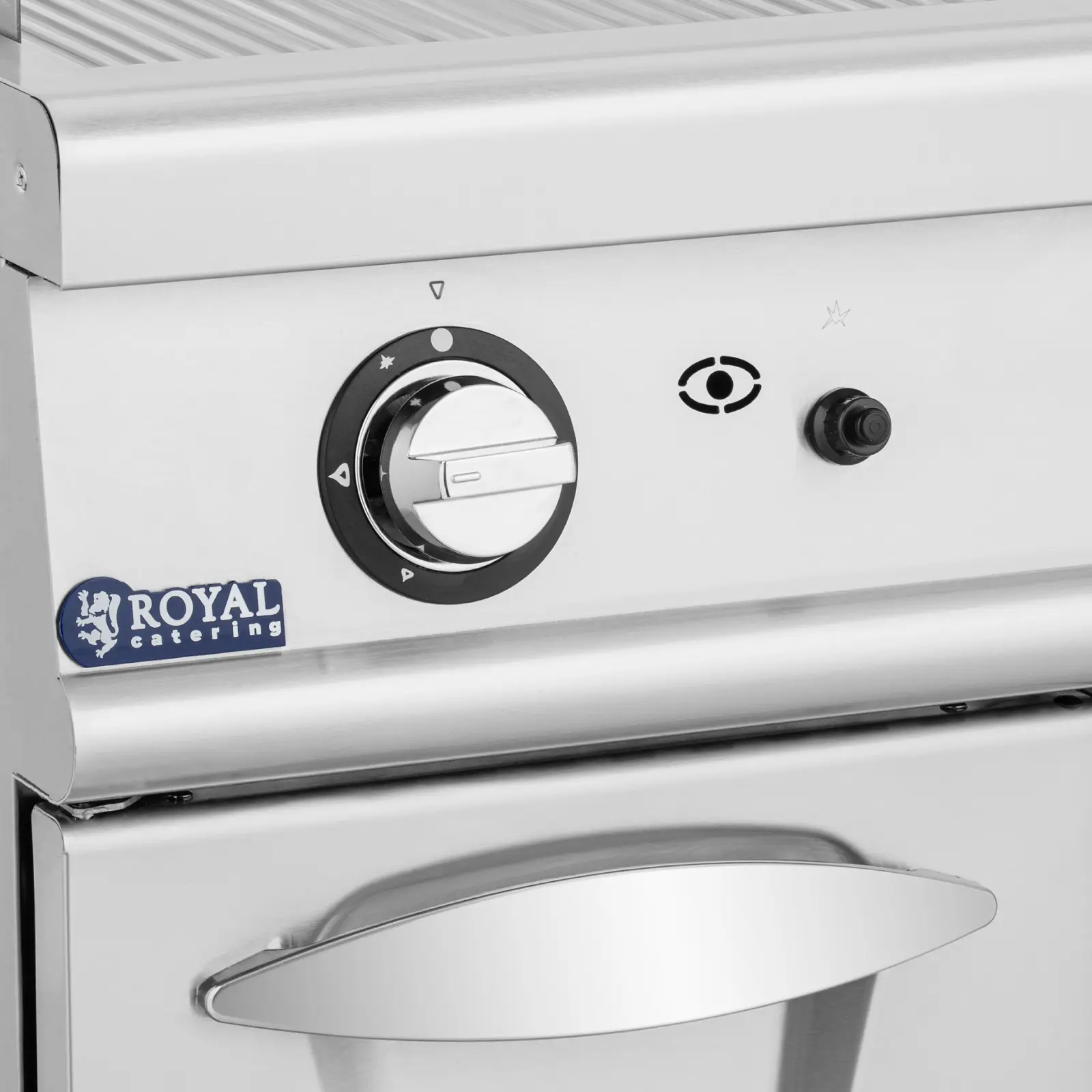 Plynová grilovací deska - 12 kW - žebrovaná - 50–300 °C - propan / LPG / zemní plyn - podstavná skříňka - Royal Catering (Maximální výkon: 12 kW)