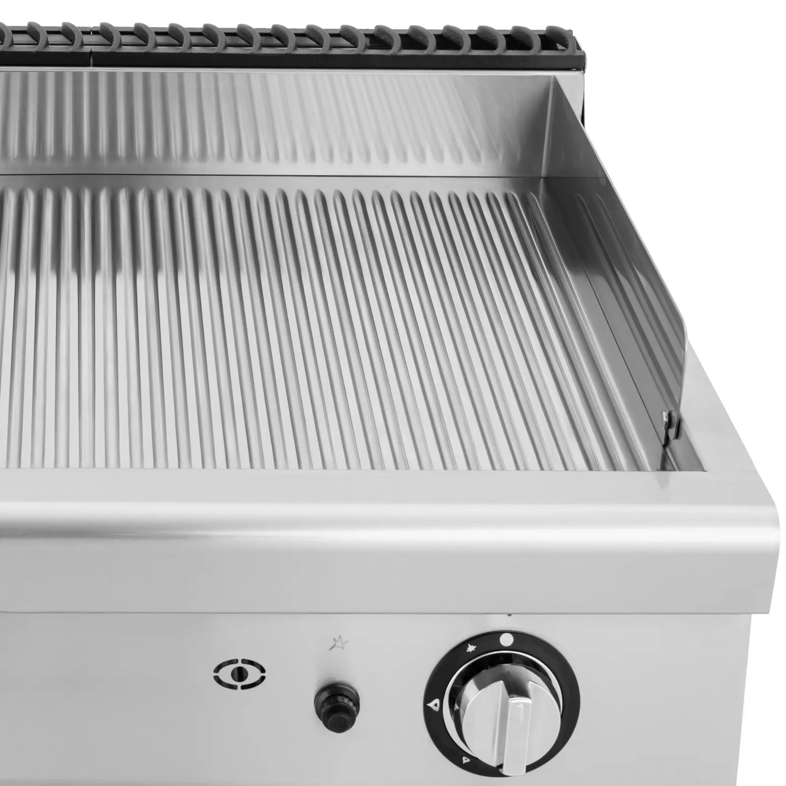Plynová grilovací deska - 12 kW - žebrovaná - 50–300 °C - propan / LPG / zemní plyn - podstavná skříňka - Royal Catering (Maximální tlak: 50 mBar)