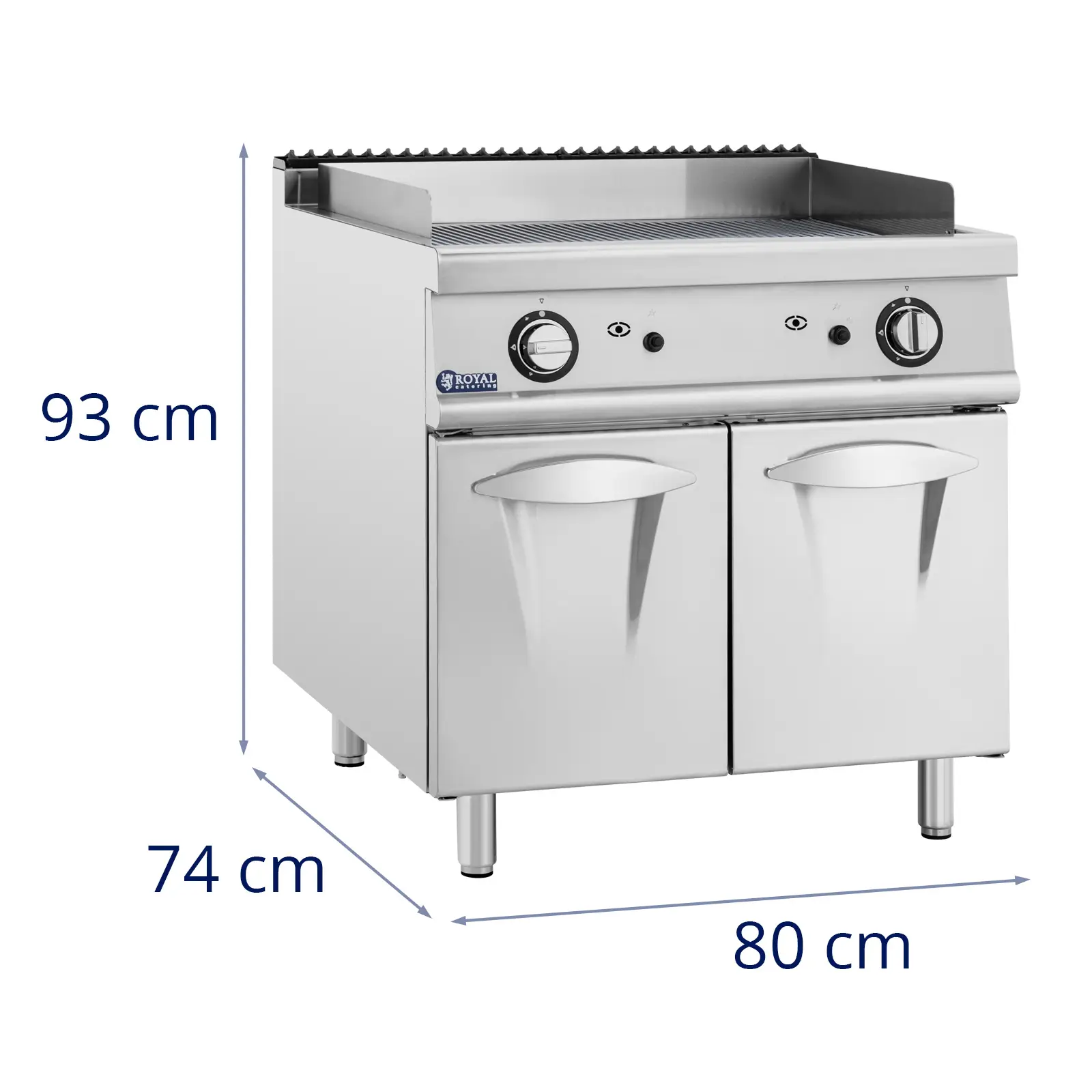 Plynová grilovací deska - 12 kW - žebrovaná - 50–300 °C - propan / LPG / zemní plyn - podstavná skříňka - Royal Catering (Materiál: Ušlechtilá ocel)