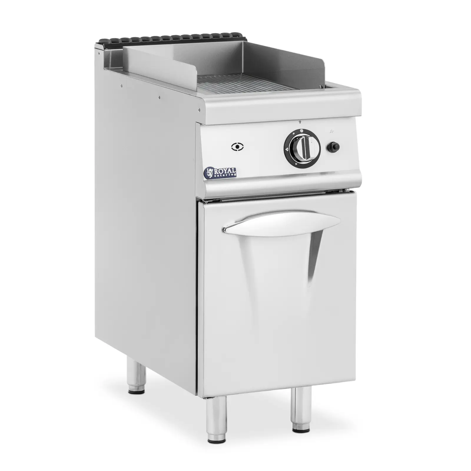 Stegeplade gas - 6 kW - rillet - 50 til 300 °C - flaskegas / naturgas - med underskab - Royal Catering