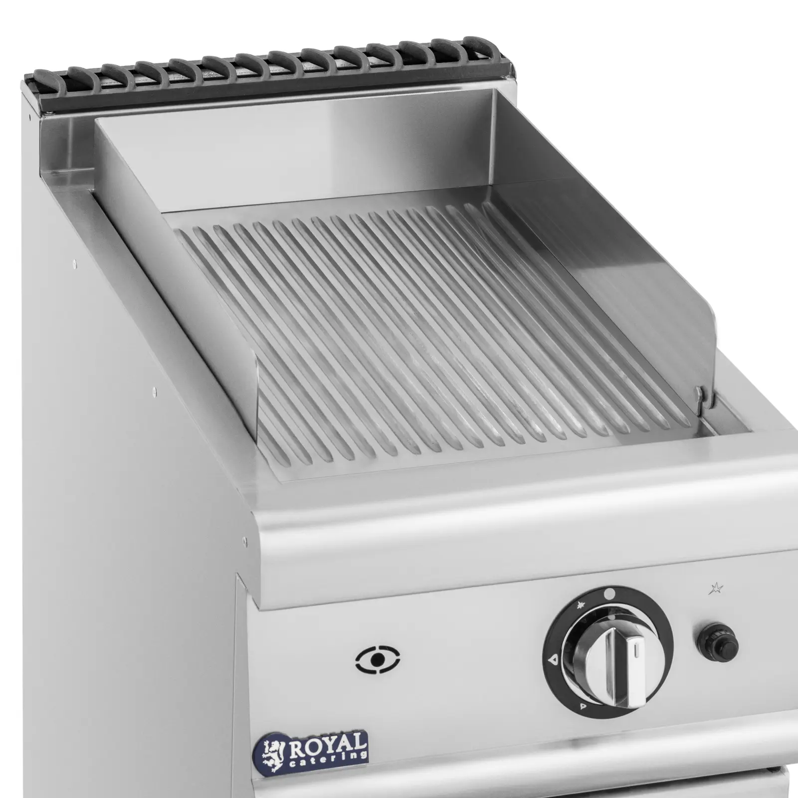 Stegeplade gas - 6 kW - rillet - 50 til 300 °C - flaskegas / naturgas - med underskab - Royal Catering