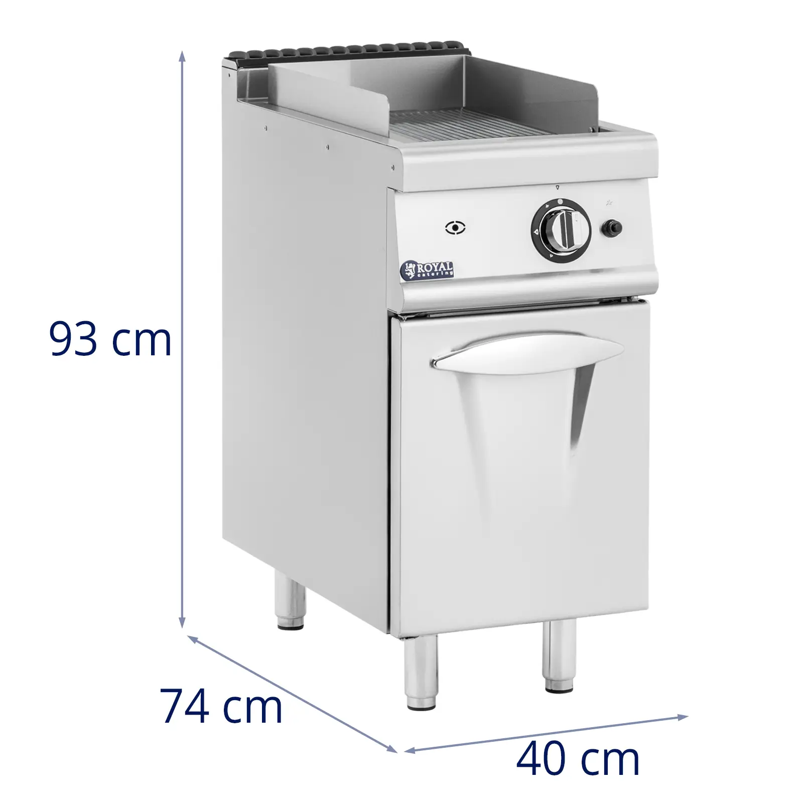 Stegeplade gas - 6 kW - rillet - 50 til 300 °C - flaskegas / naturgas - med underskab - Royal Catering