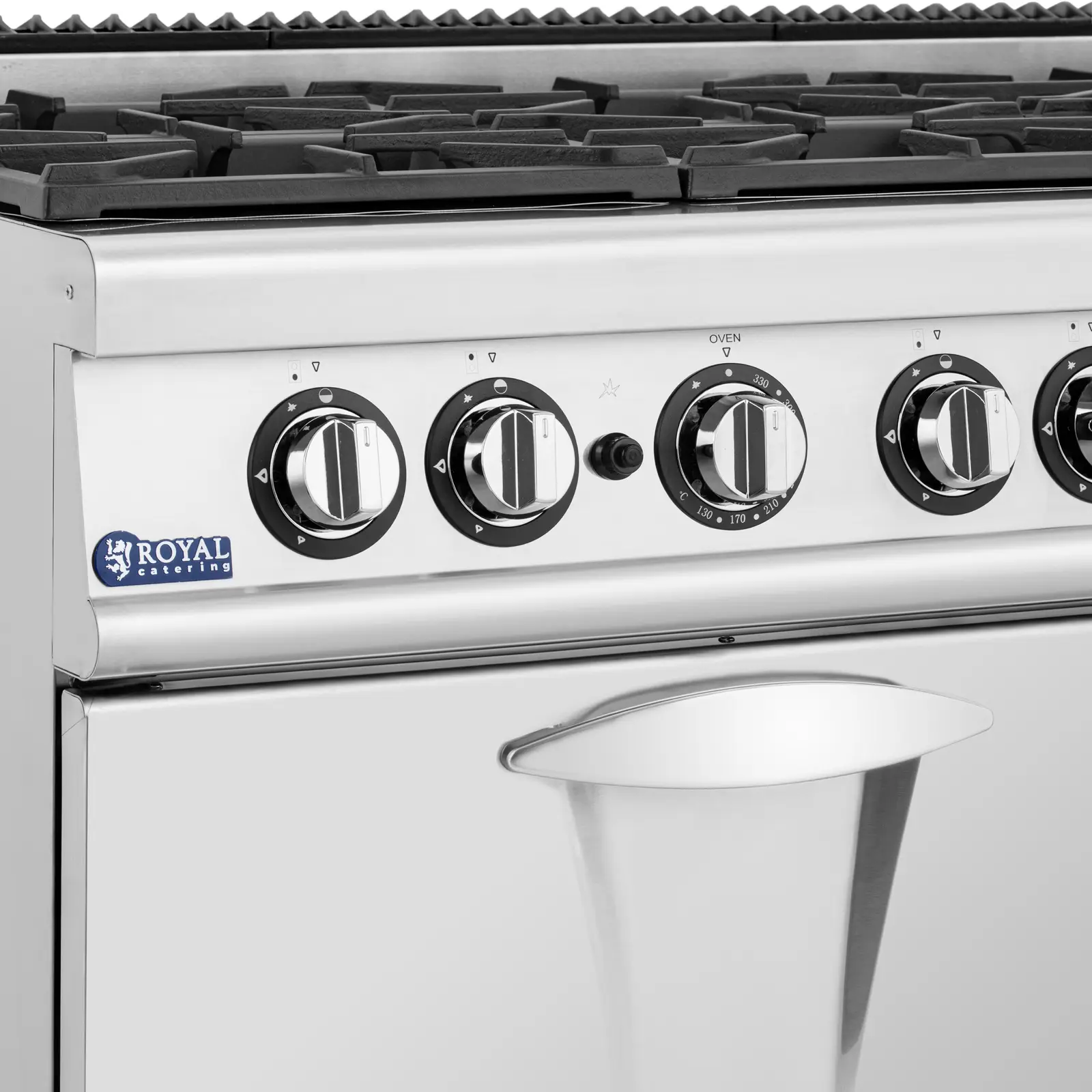 Cuisinière à gaz avec four à gaz - 27,6 kW - 6 bruleurs - Armoire intégrée - Royal Catering (Pression max.: 50 mBar)