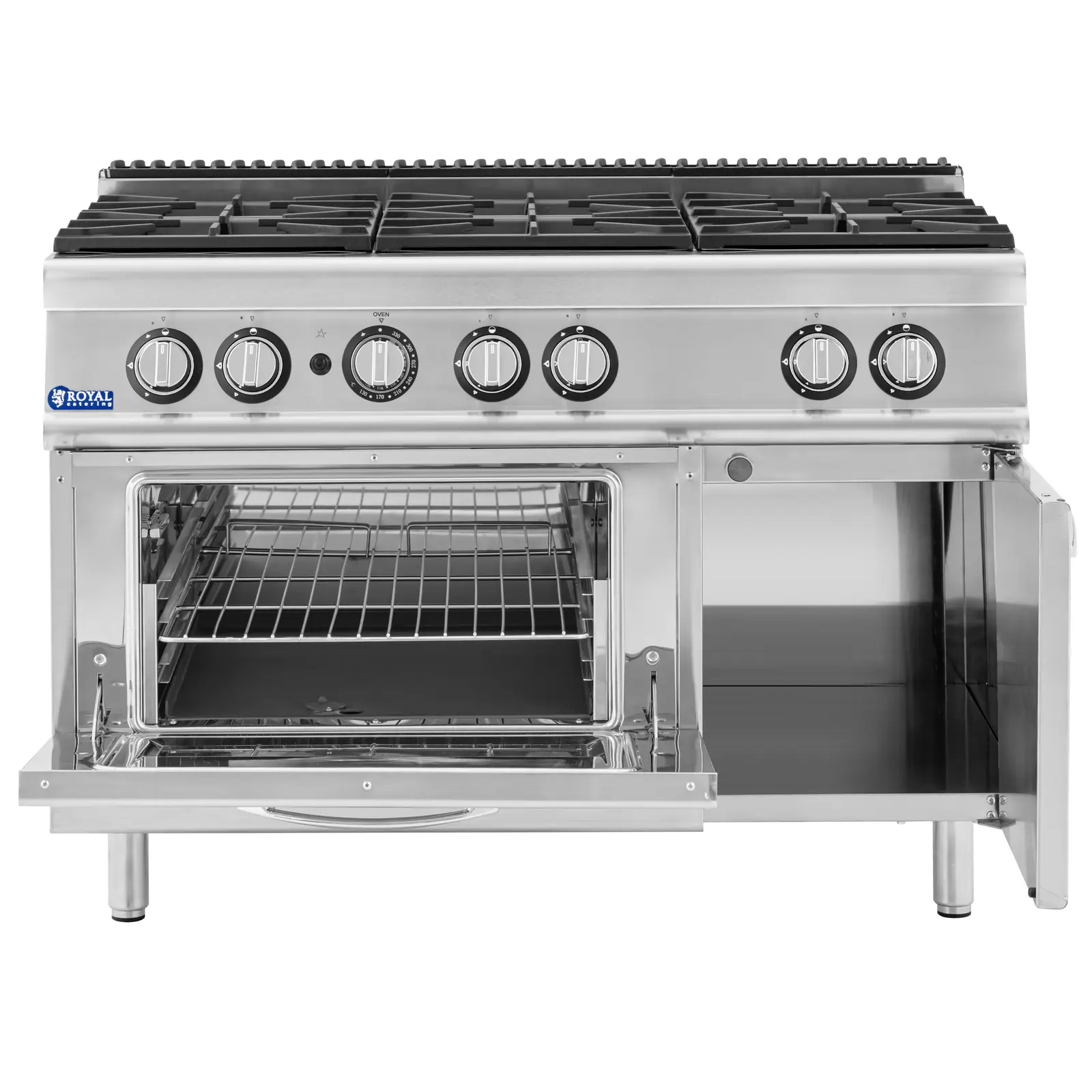 Gaskomfur med gasovn - 27,6 kW - 6 blus - underskab - Royal Catering