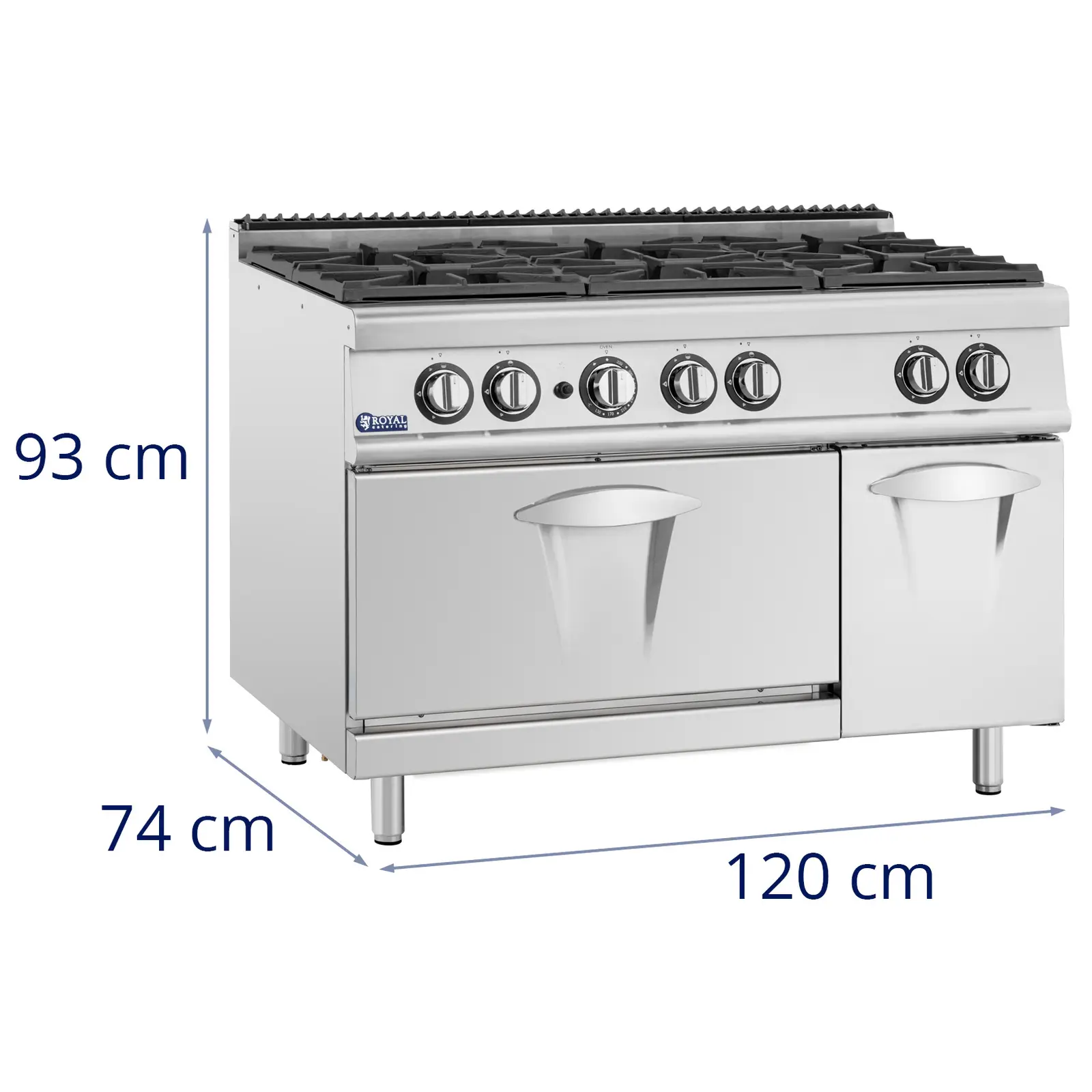 Cuisinière à gaz avec four à gaz - 27,6 kW - 6 bruleurs - Armoire intégrée - Royal Catering (Puissance bruleur(s) [kW]: 3x 4.2 + 3x 3.0 + 1x 6)