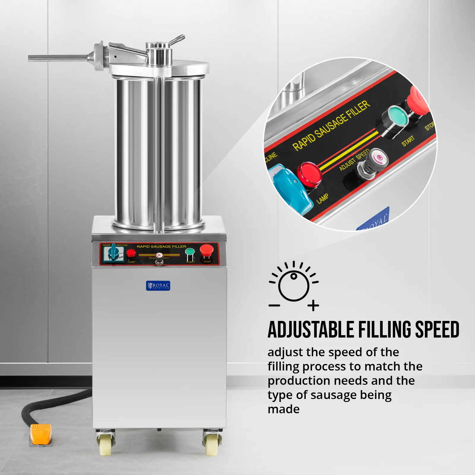 Poussoir à saucisse - 18 L - hydraulique - Royal Catering (Pédale: Oui)