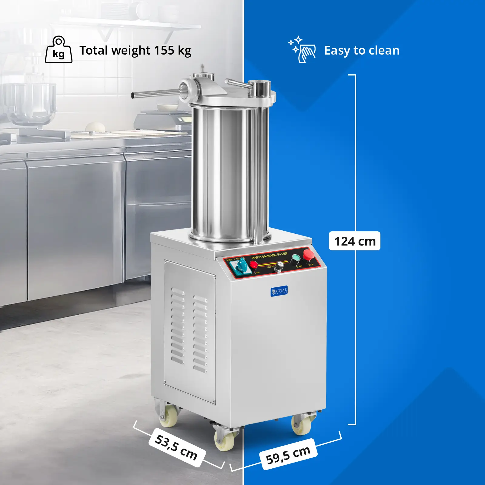 Poussoir à saucisse - 18 L - hydraulique - Royal Catering (Hauteur du cylindre: 370 mm)