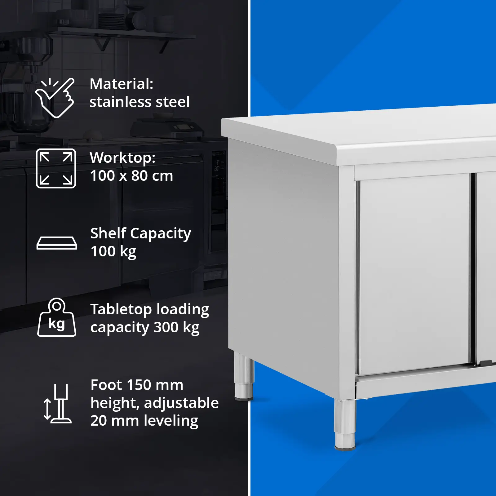  Stainless Steel Kitchen Cabinet with Worktop - 100 x 80 cm - 500 kg - Royal Catering (Shelf adjustable: Yes)
