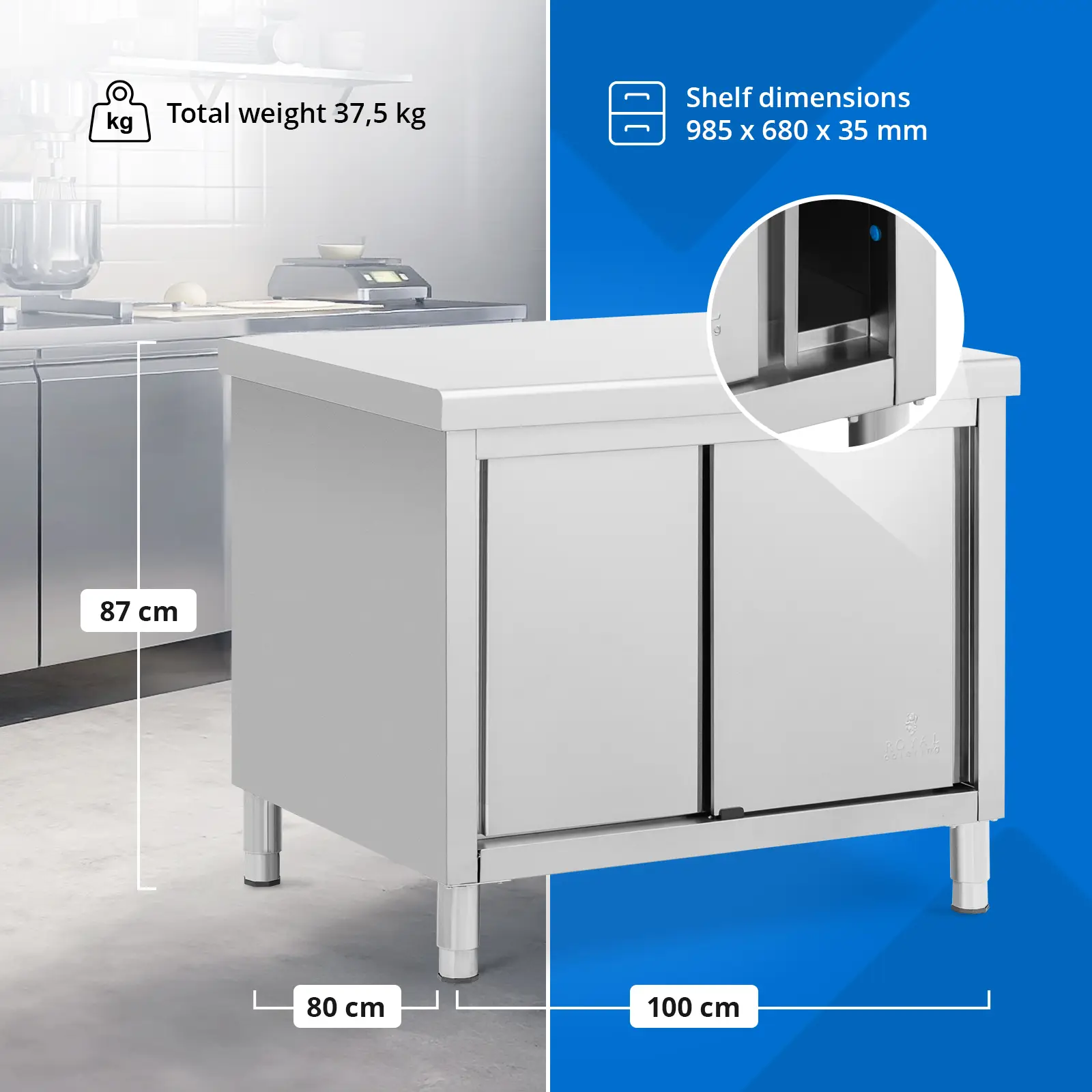  Stainless Steel Kitchen Cabinet with Worktop - 100 x 80 cm - 500 kg - Royal Catering (Shelf Capacity: 100 kg)