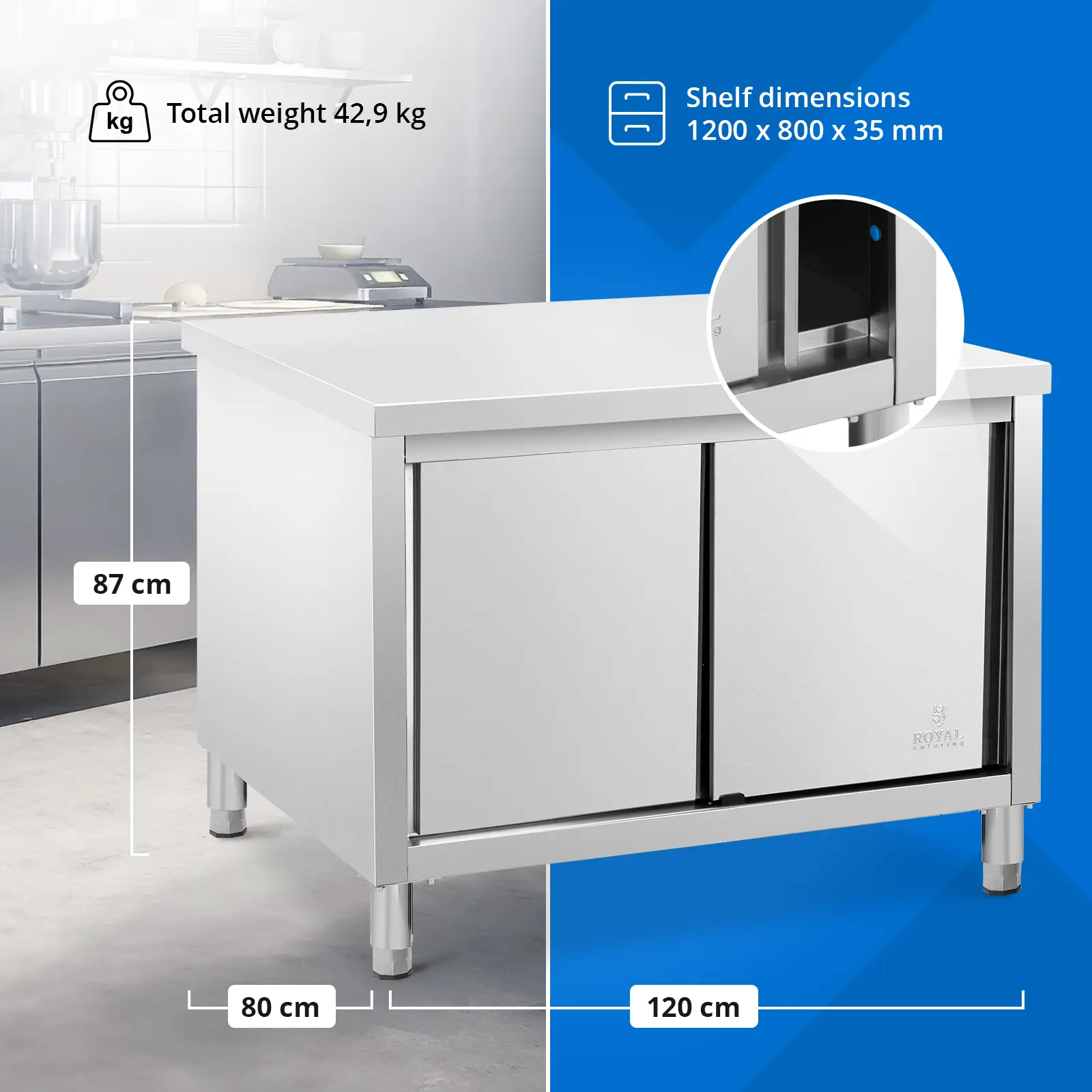 Stainless Steel Kitchen Cabinet - ECO - 120 x 80 cm - 500 kg - Royal Catering (Shelf adjustable: Yes)