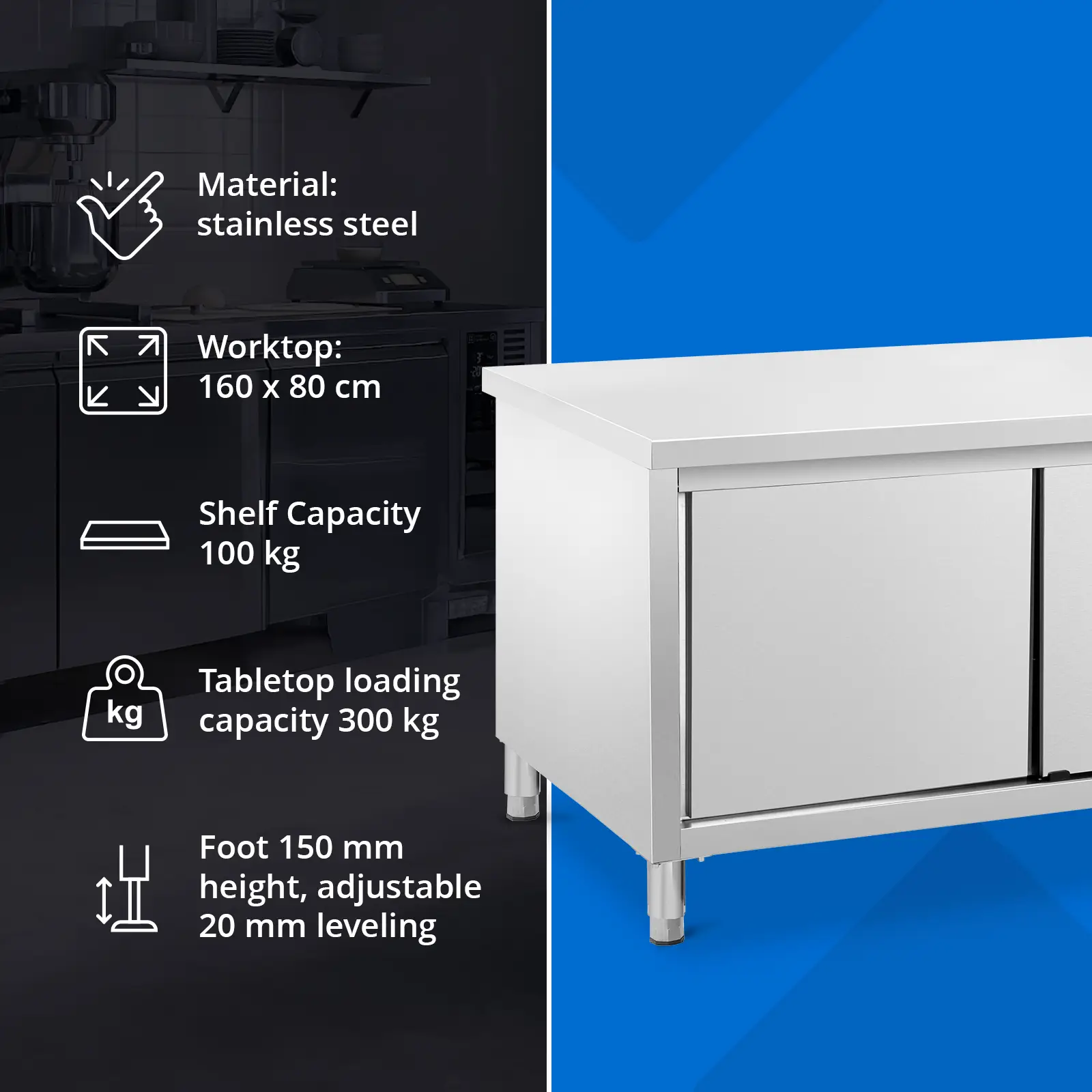  Stainless Steel Kitchen Cabinet with Worktop - 160 x 80 cm - 500 kg - Royal Catering (Shelf adjustable: Yes)
