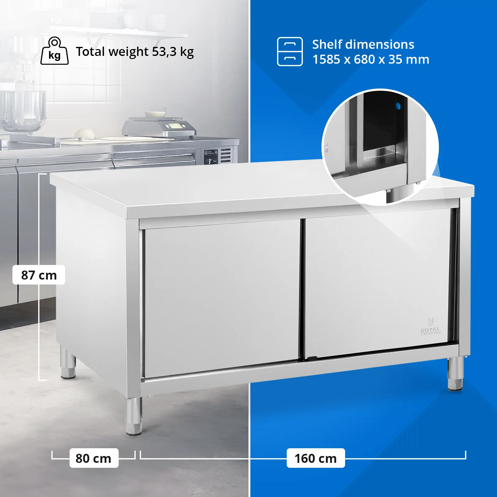  Stainless Steel Kitchen Cabinet with Worktop - 160 x 80 cm - 500 kg - Royal Catering (Shelf Capacity: 100 kg)