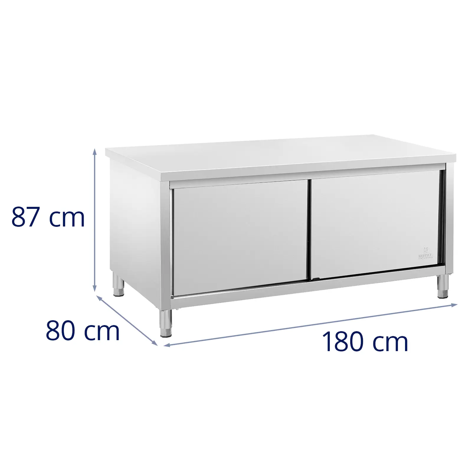 Rozsdamentes acél munkaszekrény - ECO - 180 x 80 cm - 500 kg - Royal Catering (Az asztallap vastagsága: 0.7 mm)