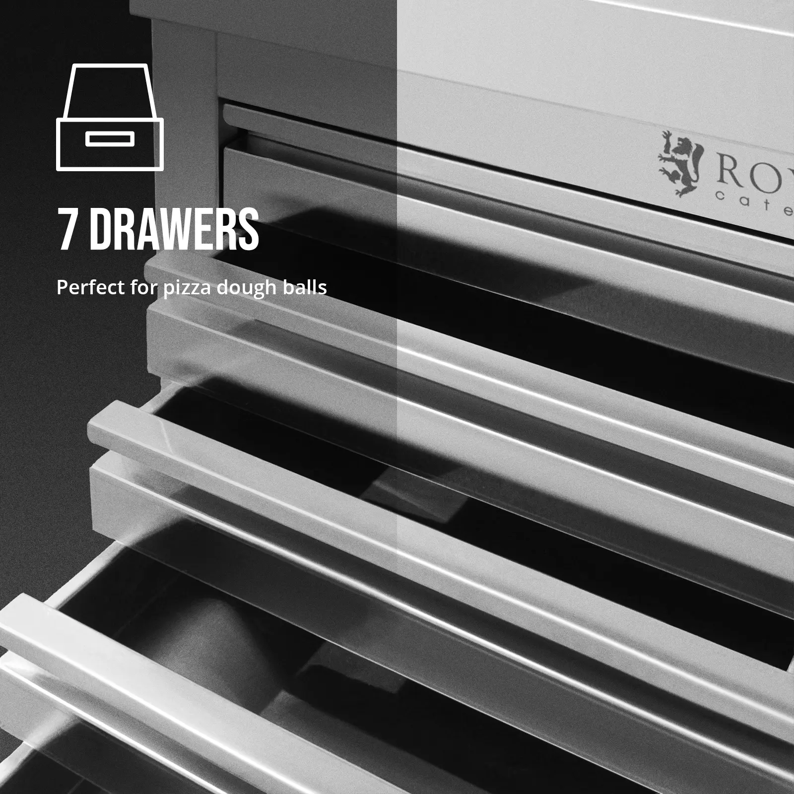 Armadio da cucina in acciaio inox con cassetti - 50 x 70 cm - 185 kg - 7 cassetti per impasto pizza - con alzatina - Royal Catering - 1