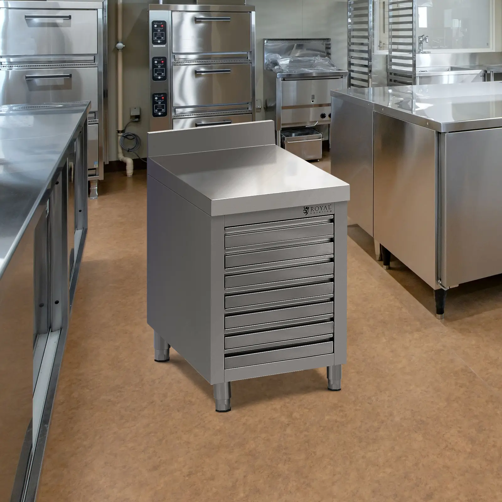 Meuble bas en inox - 50 x 70 cm - 185 kg - 7 tiroirs pour pâtons de pizza - avec dosseret - Royal Catering (Couleur(s): Argent métallisé)