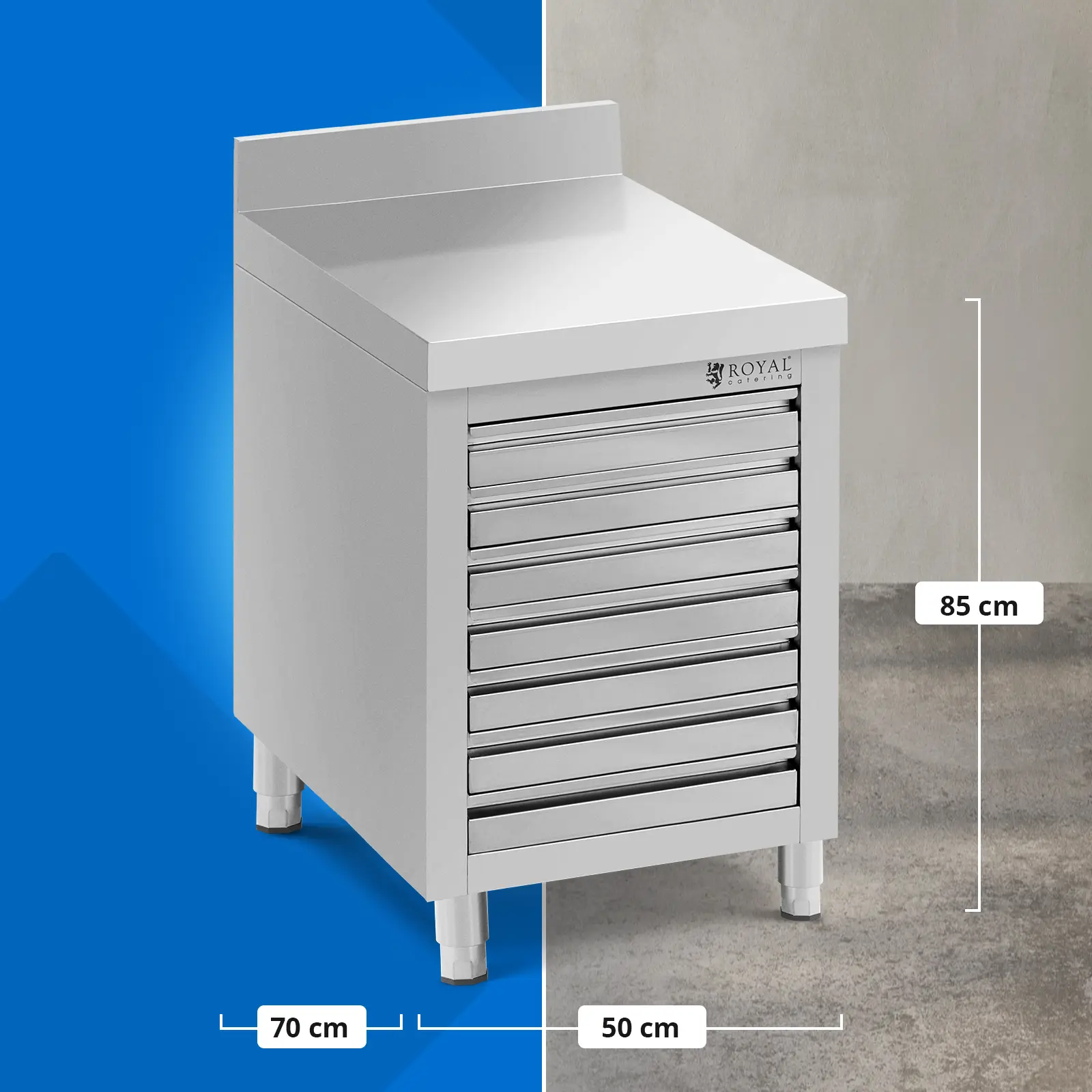 Meuble bas en inox - 50 x 70 cm - 185 kg - 7 tiroirs pour pâtons de pizza - avec dosseret - Royal Catering (Réglages des pieds [mm]: 20)