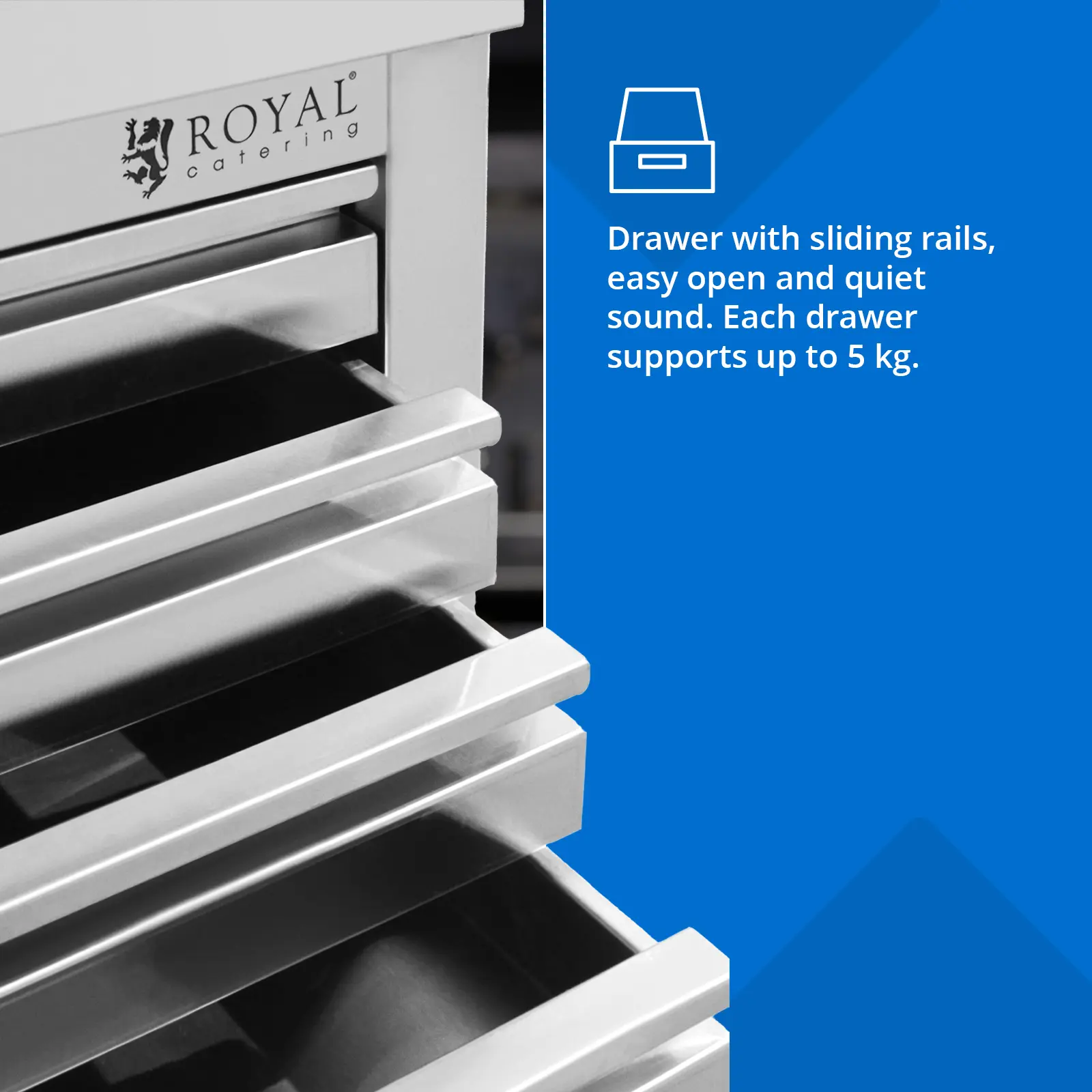 Rozsdamentes acél munkaszekrény - 70 x 50 cm - 185 kg - 7 fiók pizzabálákhoz - Royal Catering (Anyagvastagság: 0.7 mm)