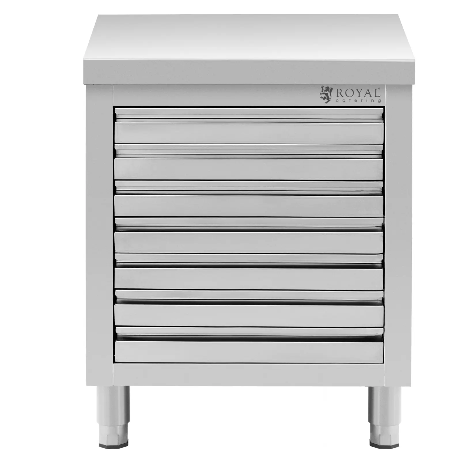 Rozsdamentes acél munkaszekrény - 70 x 50 cm - 185 kg - 7 fiók pizzabálákhoz - Royal Catering (A fiók méretei (LxBxH) [cm]: 55,3 x 35,5 x 5 (belül))