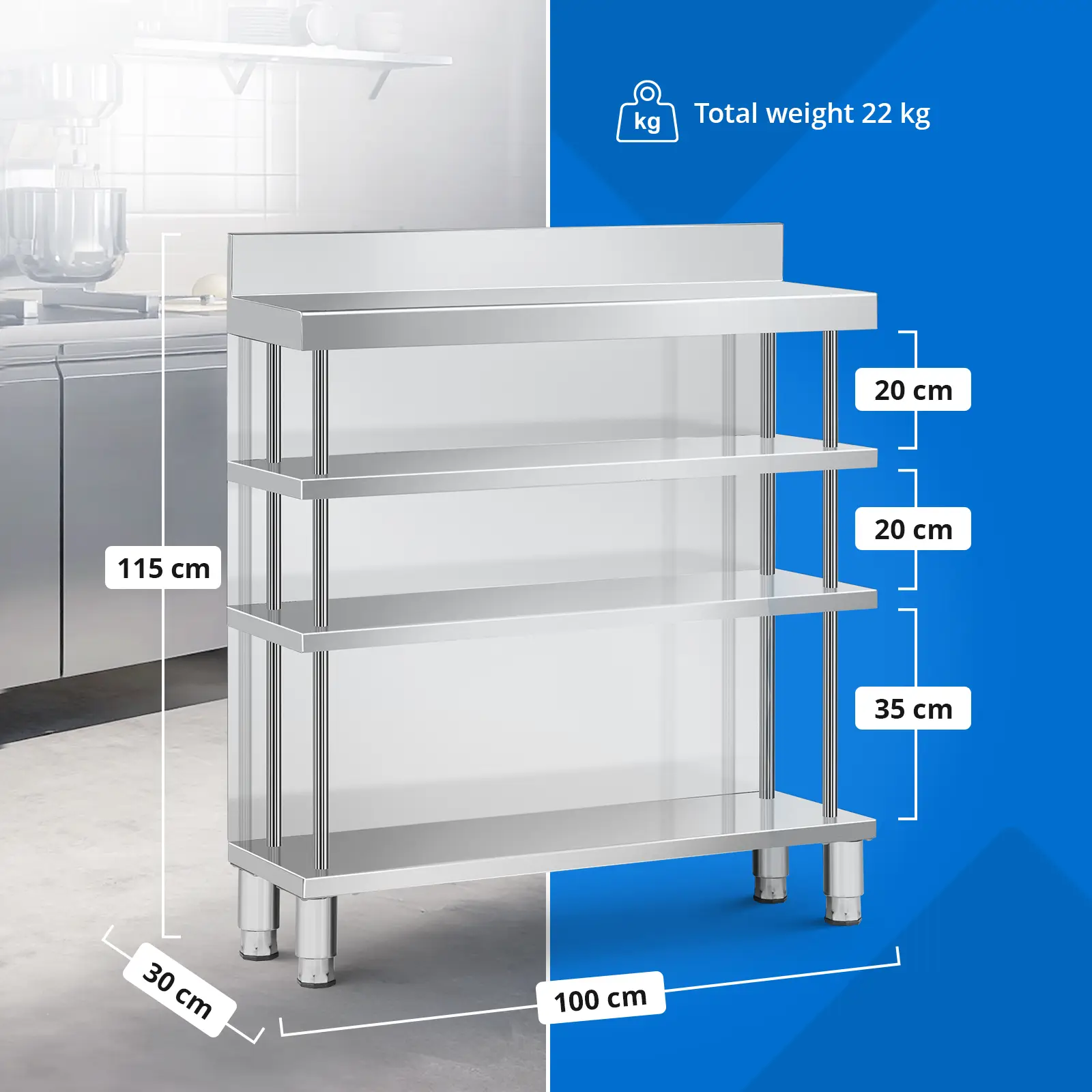 Bárpult - rozsdamentes acél - 100 x 30 x 105 cm - Royal Catering (Lábak magasságának beállítása: 20 mm)