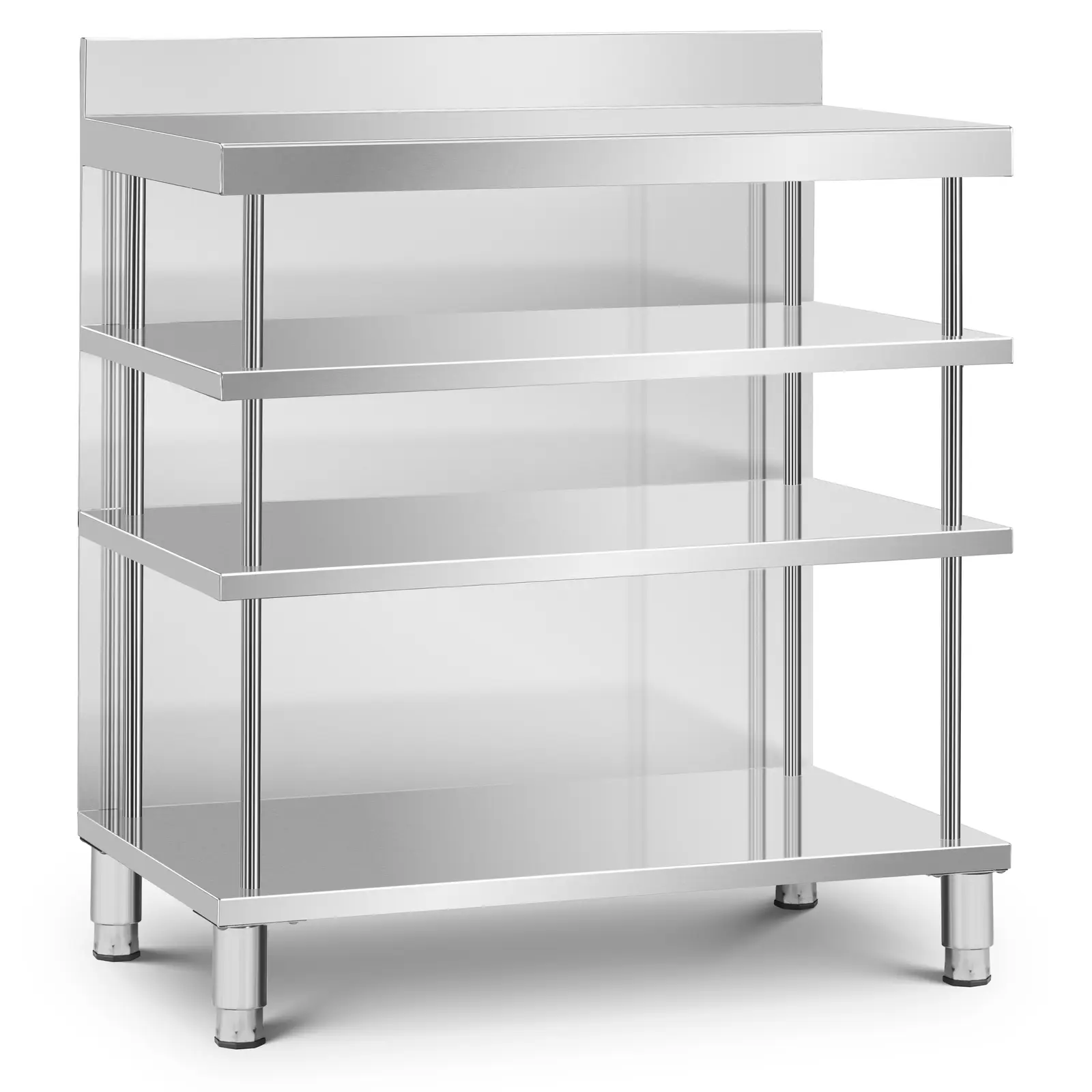 Samostojeći stol za pripremu - nehrđajući čelik - 100 x 60 x 105 cm - 4 police - stražnja ploča - Royal Catering