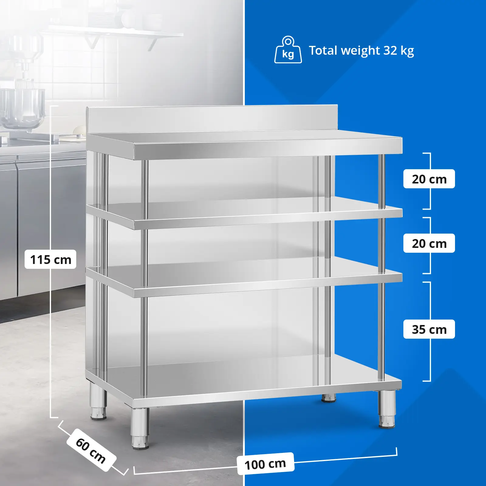 Barmanský stůl - ušlechtilá ocel - 100 x 60 x 105 cm - 4 police - lemování - Royal Catering (Nastavení výšky nohou: 20 mm)