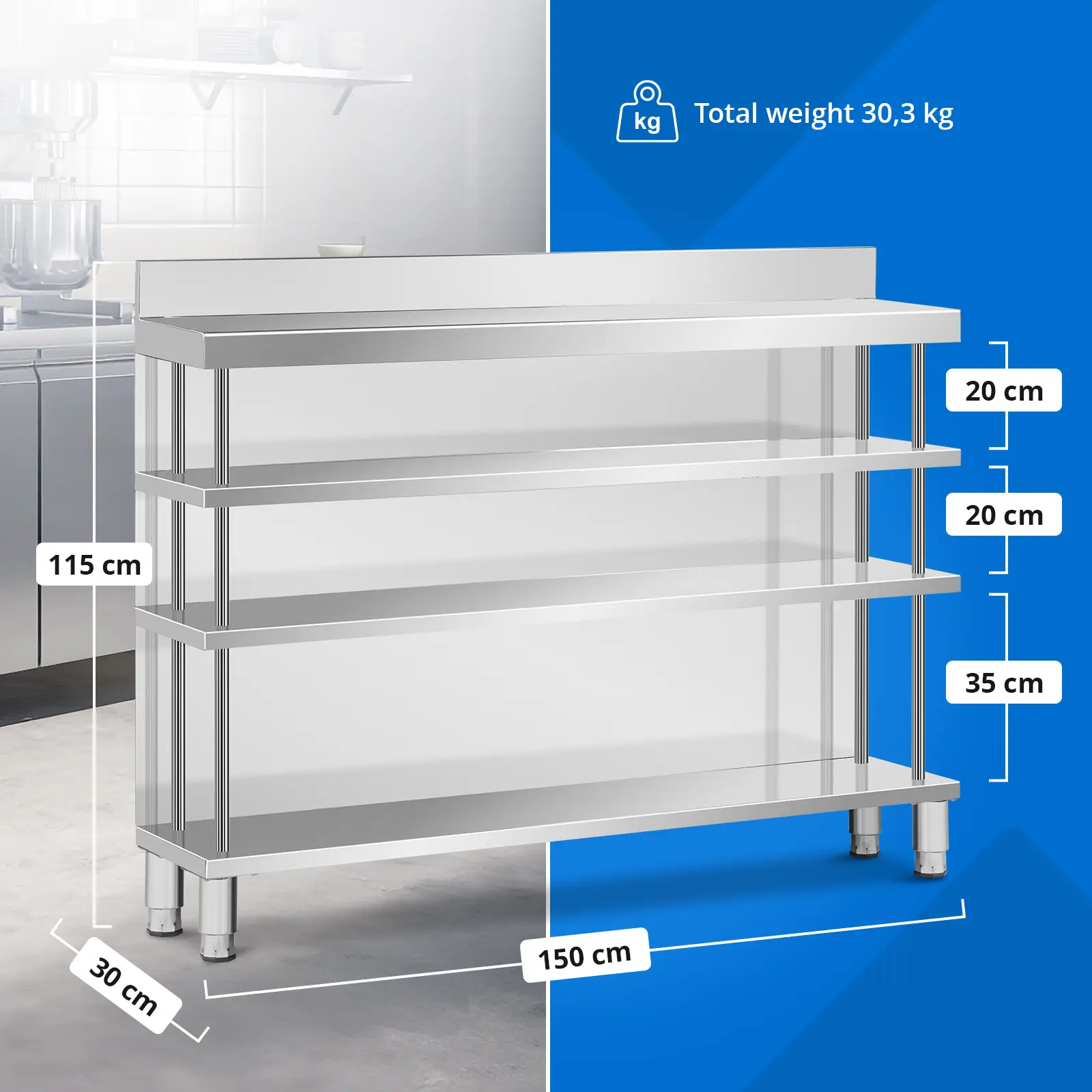 Bárpult- rozsdamentes acél - 100 x 30 x 105 cm - 4 polc - hátlap - Royal Catering (Lábak magasságának beállítása: 20 mm)