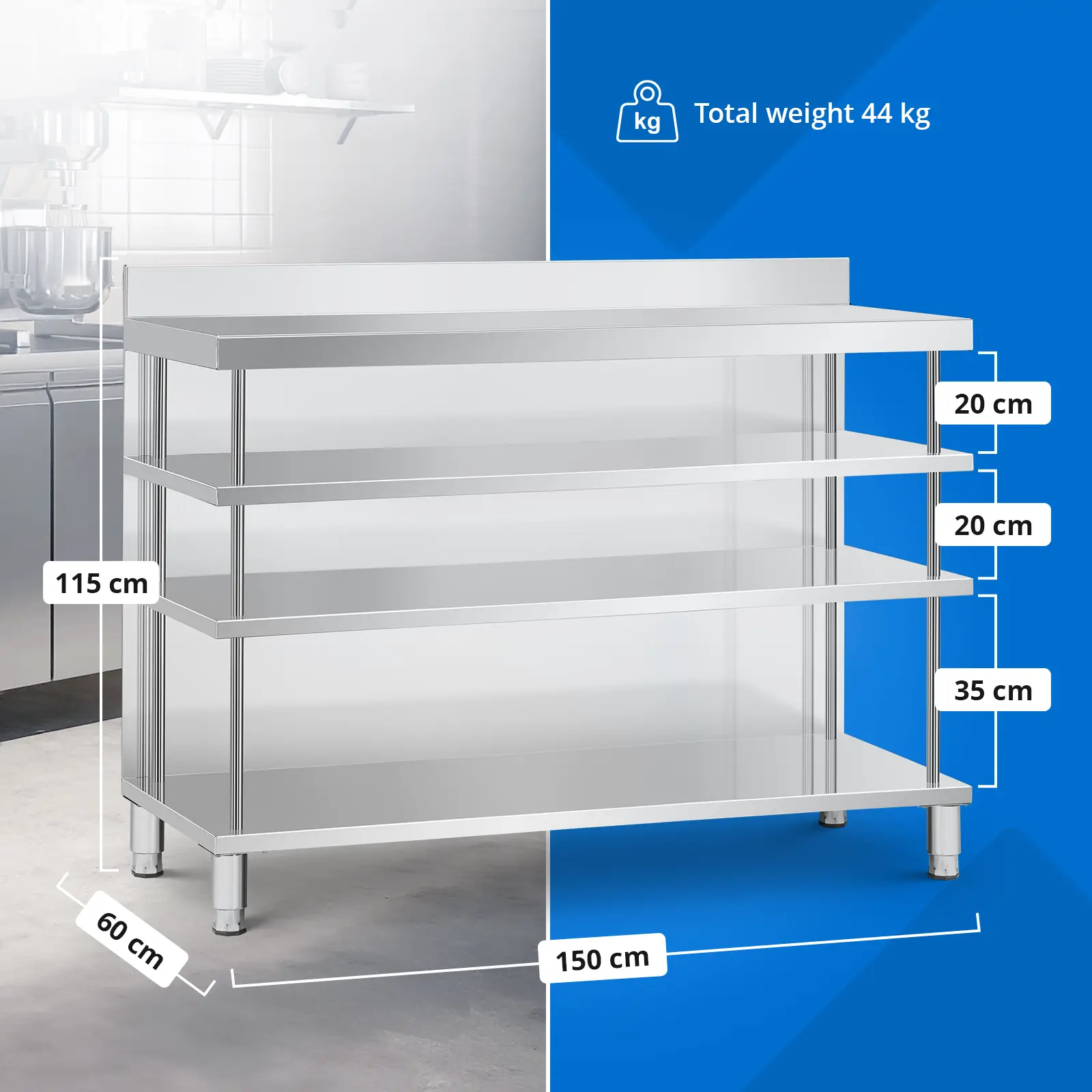 Mese de lucru pentru bar - Oțel inoxidabil - 150 x 60 x 115 cm - Royal Catering (Reglarea înălțimii picioarelor: 20 mm)