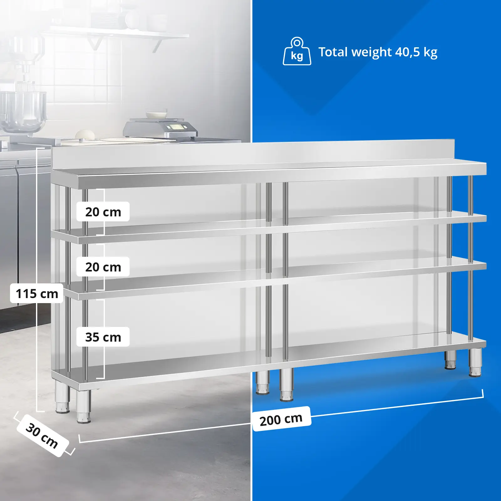 Bárpult - rozsdamentes acél - 200 x 30 x 105 cm - Royal Catering (Lábak magasságának beállítása: 20 mm)