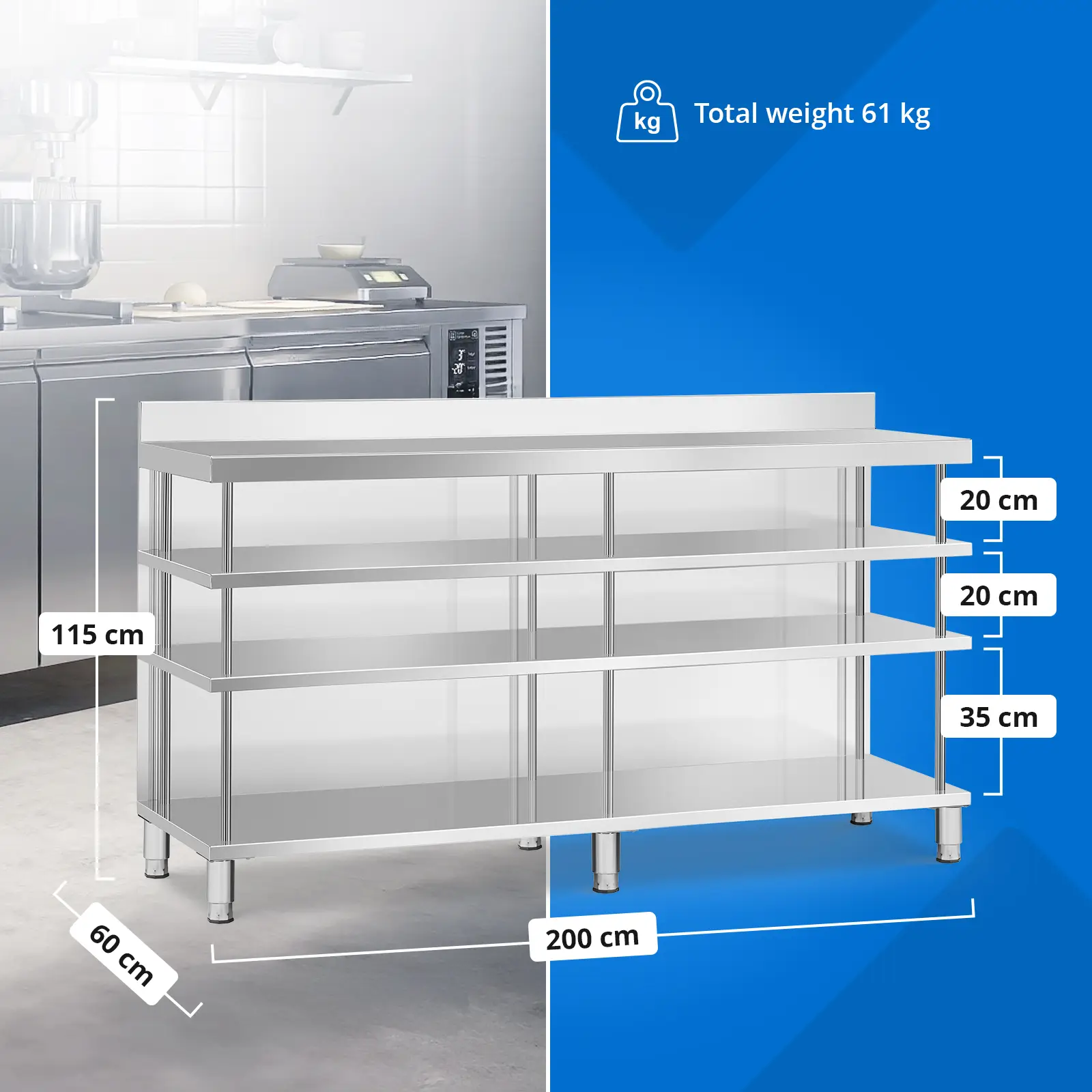 Bárpult - rozsdamentes acél - 200 x 60 x 105 cm - 4 polc - hátlap - Royal Catering (Lábak magasságának beállítása: 20 mm)