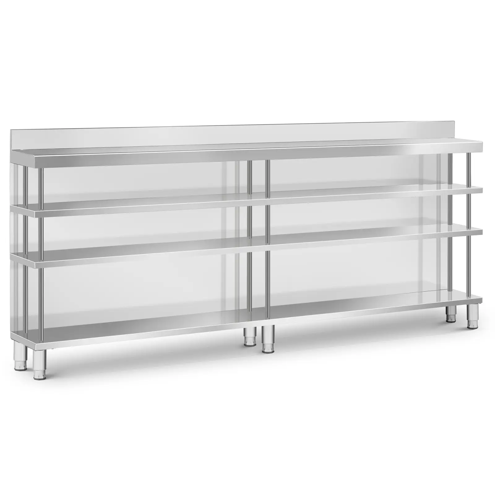 Bárpult - rozsdamentes acél - 250 x 30 x 105 cm - 4 polc - hátlap - Royal Catering - Kép a termékről