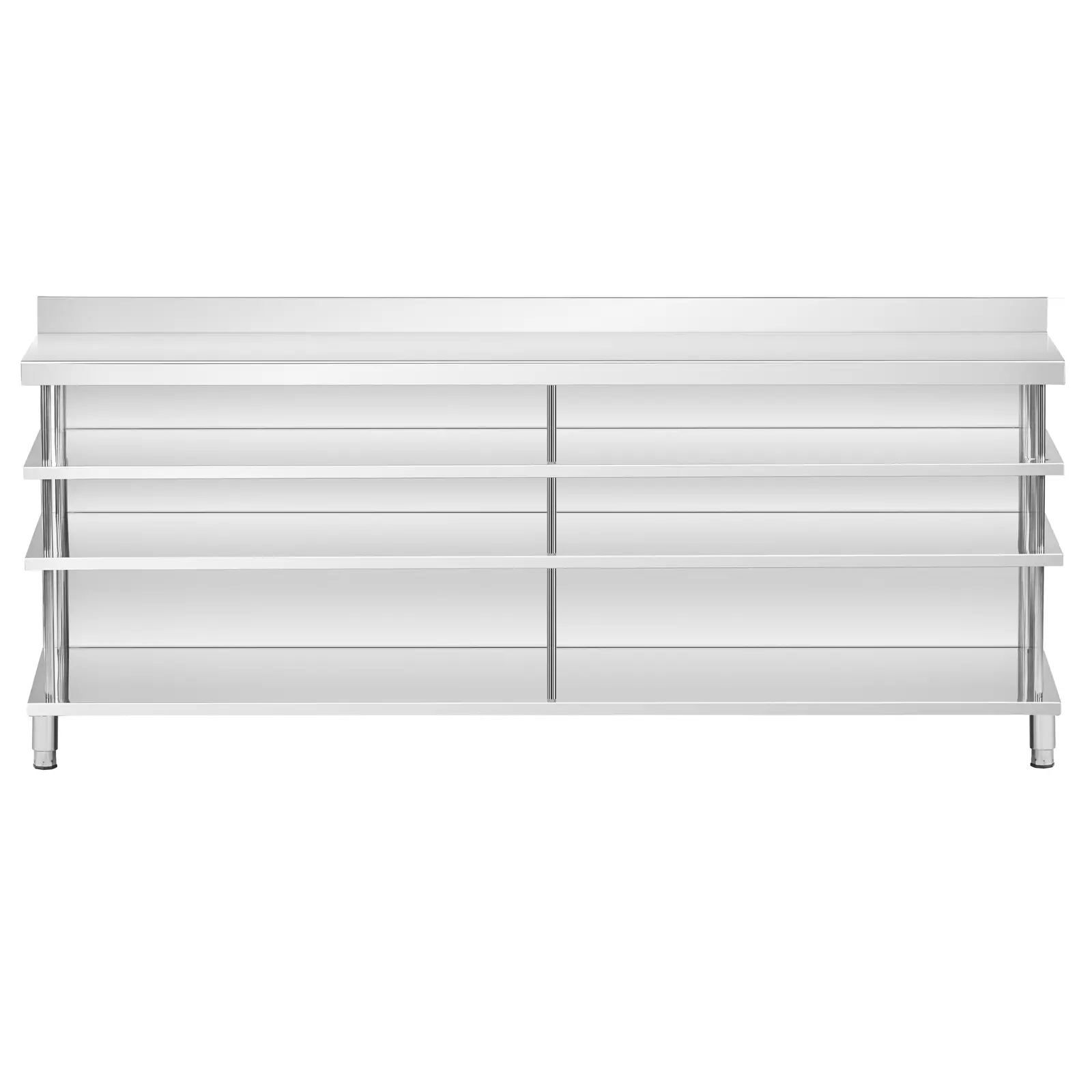 Bárpult - rozsdamentes acél - 250 x 30 x 105 cm - 4 polc - hátlap - Royal Catering (Fröccsenésvédelem magassága: 100 mm)
