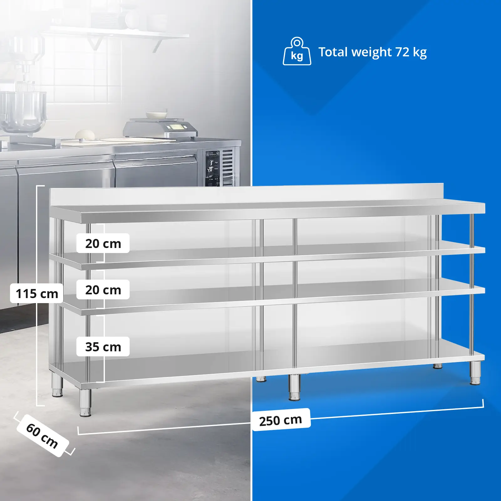 Bárpult - rozsdamentes acél - 250 x 60 x 105 cm - Royal Catering (Lábak magasságának beállítása: 20 mm)