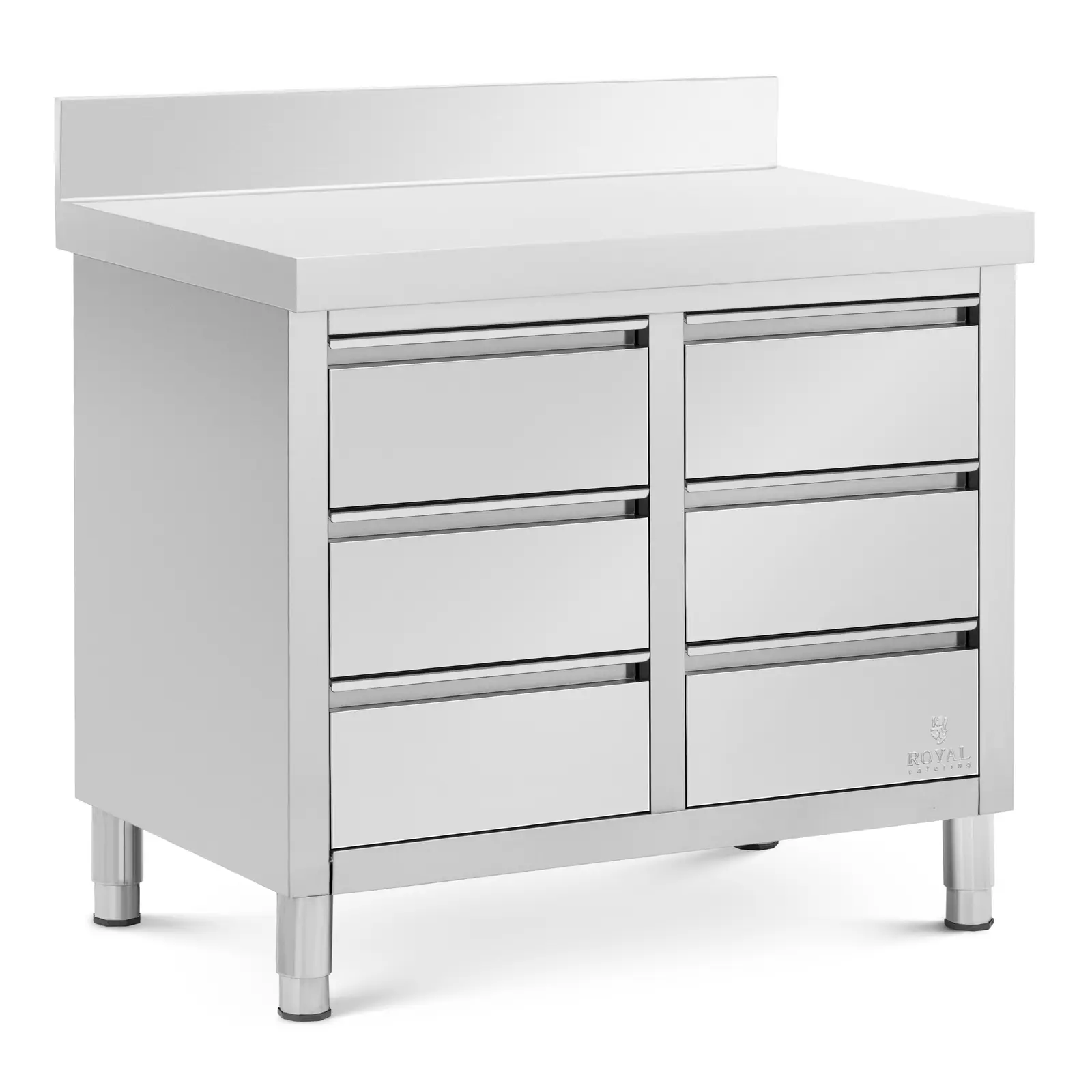 Meuble bas en inox - 100 x 60 cm - 72 kg - 6 tiroirs - avec dosseret - Royal Catering