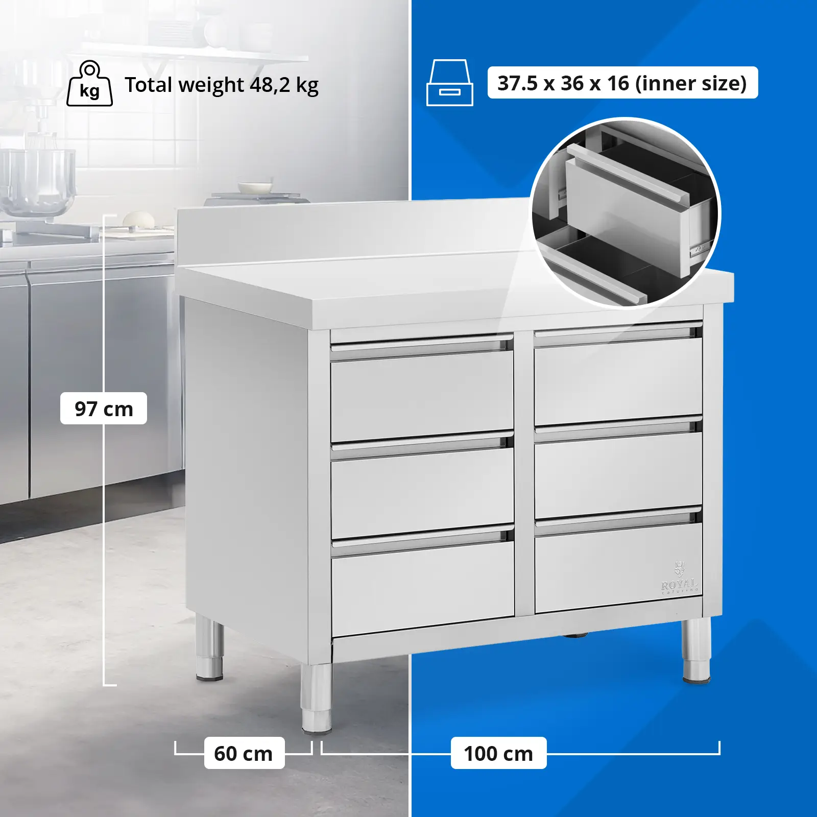 Meuble bas en inox - 100 x 60 cm - 72 kg - 6 tiroirs - avec dosseret - Royal Catering (Matériau(x): Acier inoxydable 201)